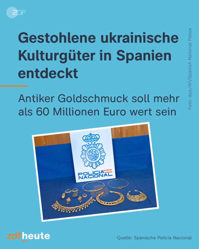 Zu sehen sind gestohlene ukrainische Kulturgüter, die in Spanien entdeckt wurden. Der antike Goldschmuck soll mehr als 60 Millionen Euro Wert sein. 