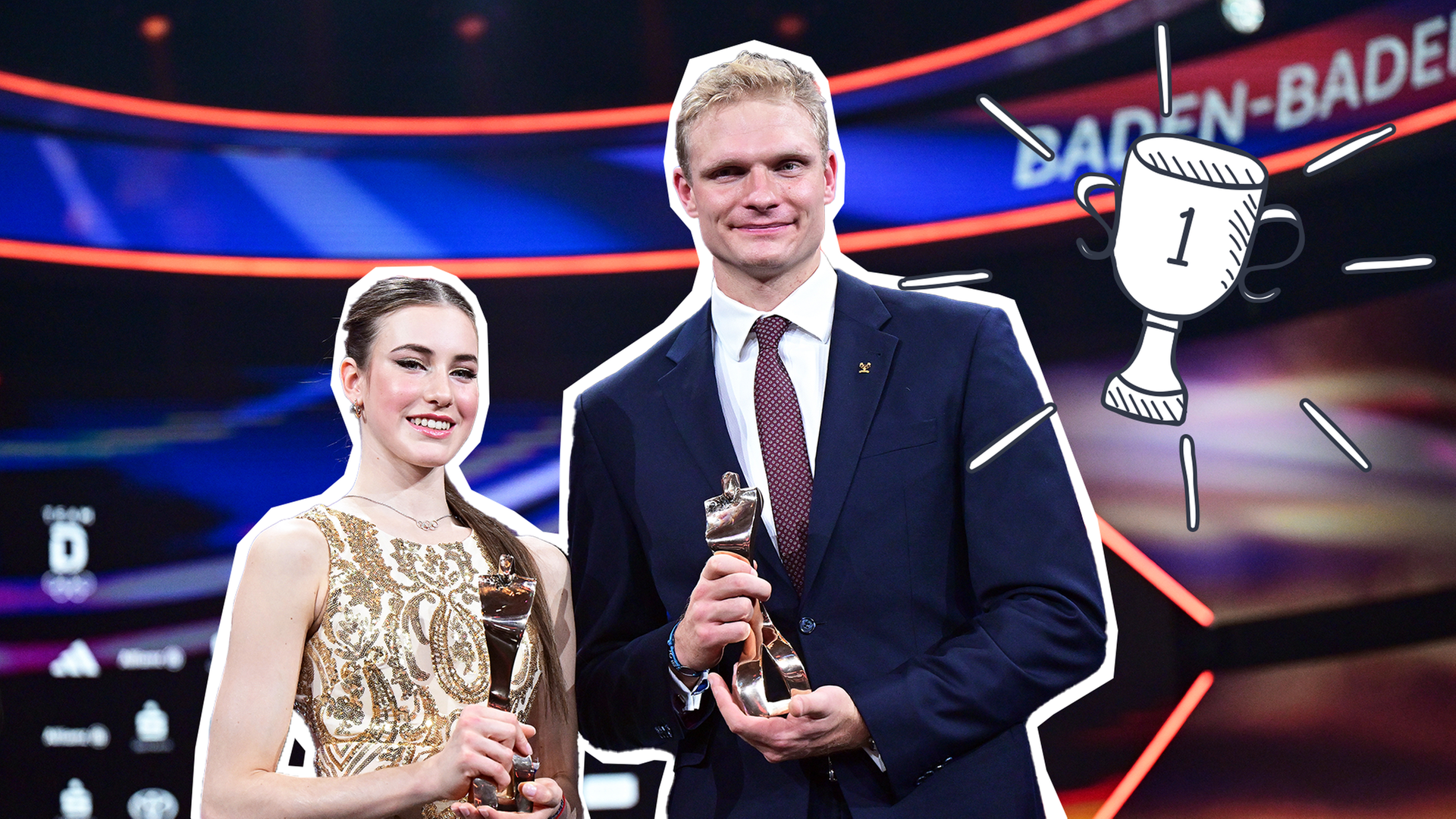 Die Sportgymnastin Darja Varfolomeev (l) und der Ruderer Oliver Zeidler halten während der Gala für die Wahl «Sportler des Jahres» im Kurhaus ihre Siegertrophäen in den Händen.