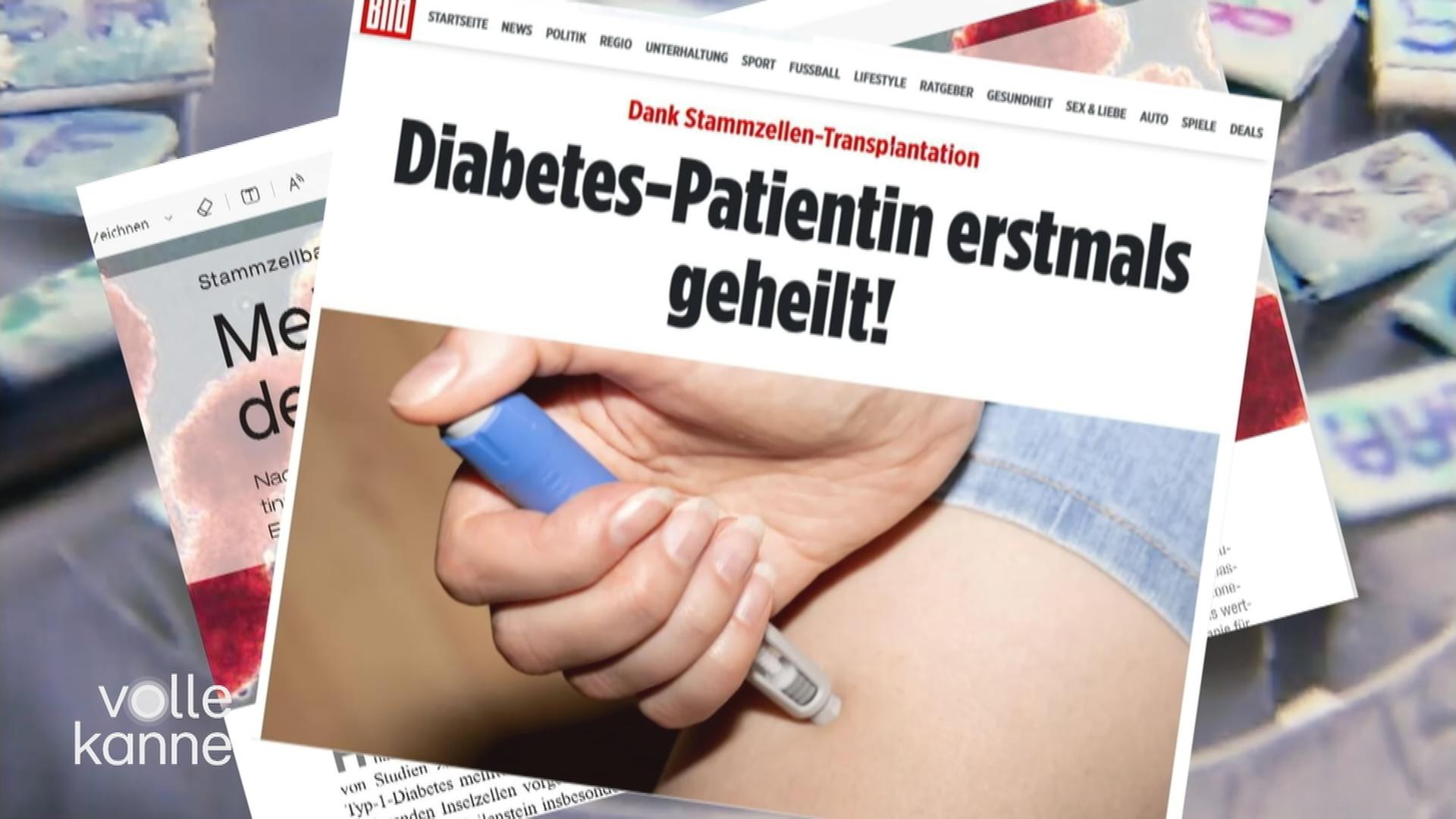 Eine Zeitungsauschnitt mit Überschirft "Diabetes-Patientin erstmals geheilt"