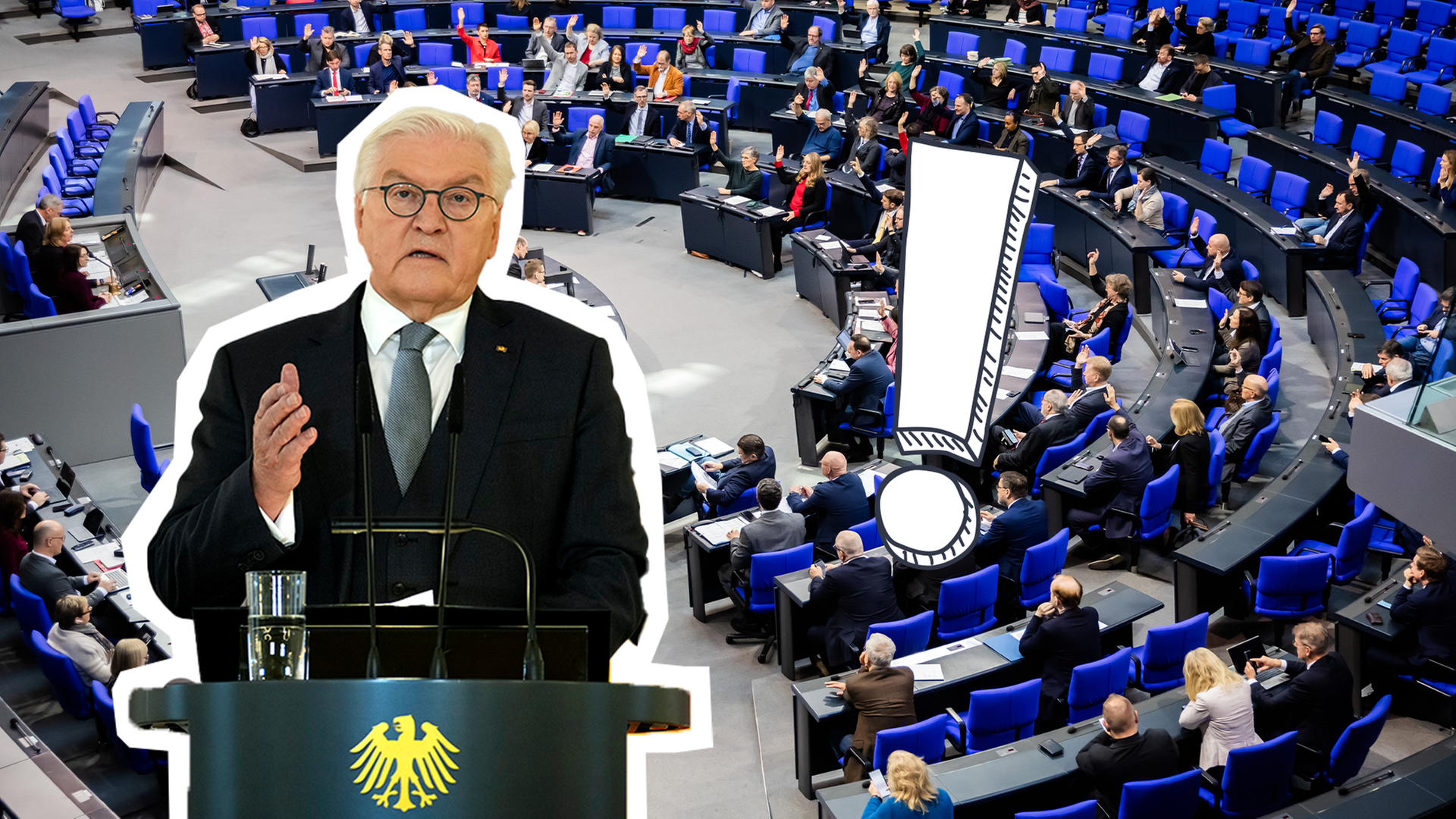 Steinmeier Foto auf Bundestag Foto, daneben Ausrufezeichen