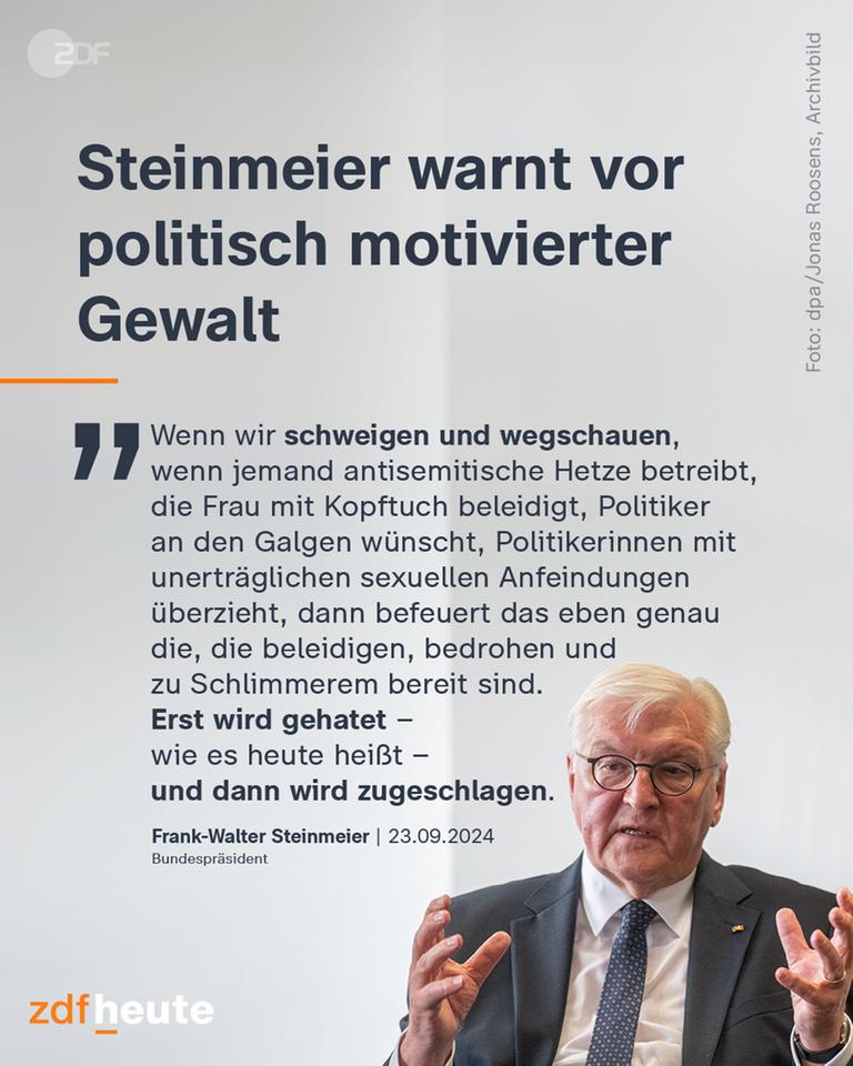 Bundespräsident Steinermeier warnt vor politisch motivierter Gewalt. Dieser Tage findet der von ihn veranstaltete Runde Tisch zu politisch motivierter Gewalt statt.