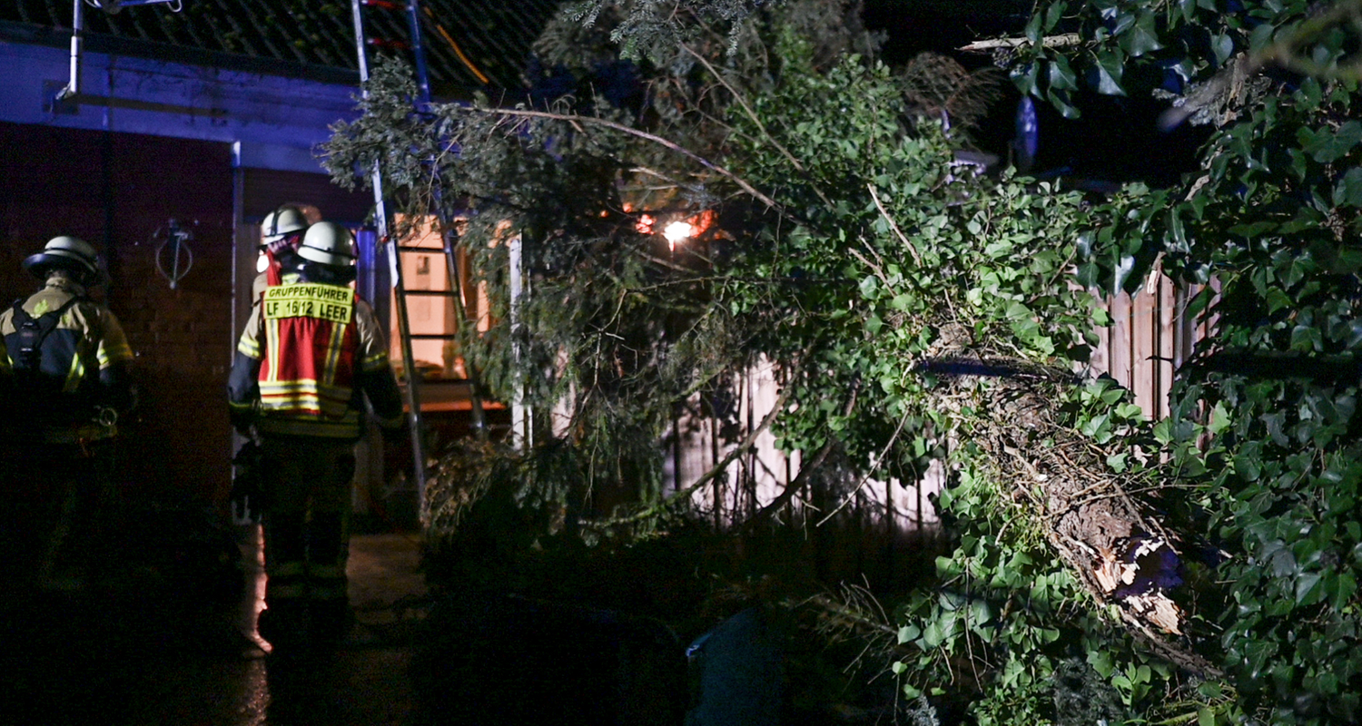 Einsatzkräfte mit umgestürtzten Baum