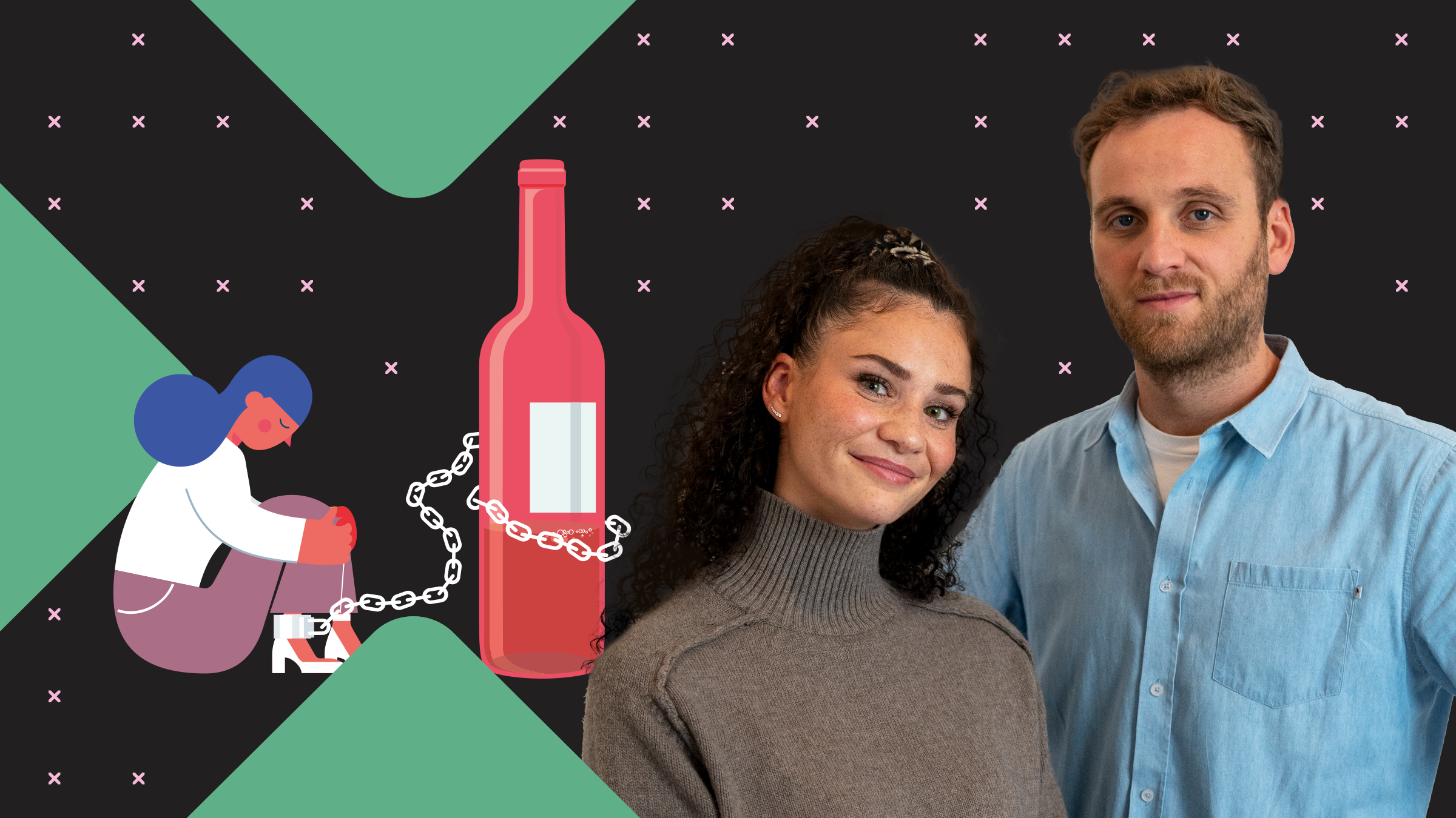 Leon Windscheid und Betty Taube stehen vor einem grafischen Hintergrund mit Symbolen für Alkoholabhängigkeit und Co-Abhängigkeit. Eine weinrote Flasche mit angelegten Ketten symbolisiert Sucht und deren Auswirkungen auf die Familie. Das Bild thematisiert Kindheitstrauma, Heilung und Resilienz.