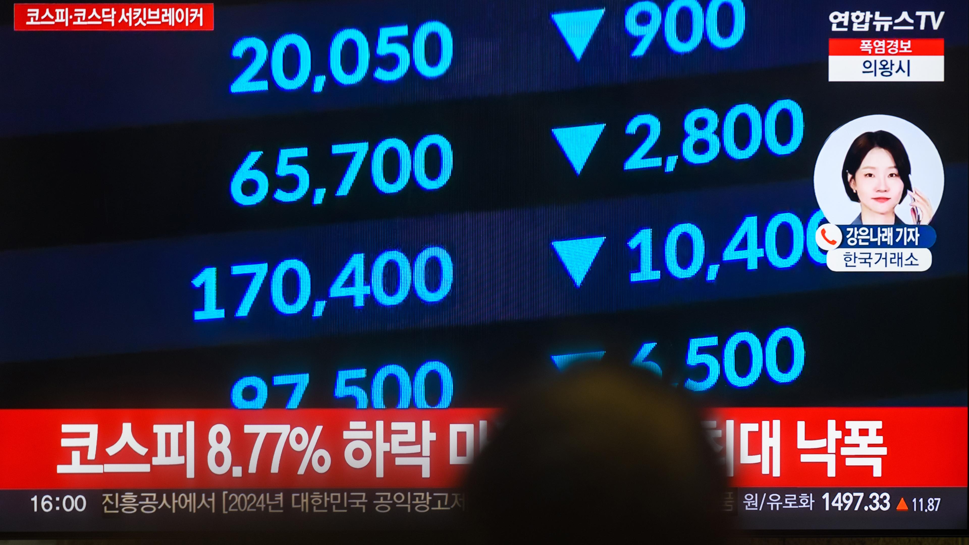 Südkorea, Seoul: Ein 24-Stunden-Fernsehsender von Yonhapnews am Yongsan-Bahnhof zeigt eine Nachrichtensendung mit dem Südkoreanischen Aktienindex.