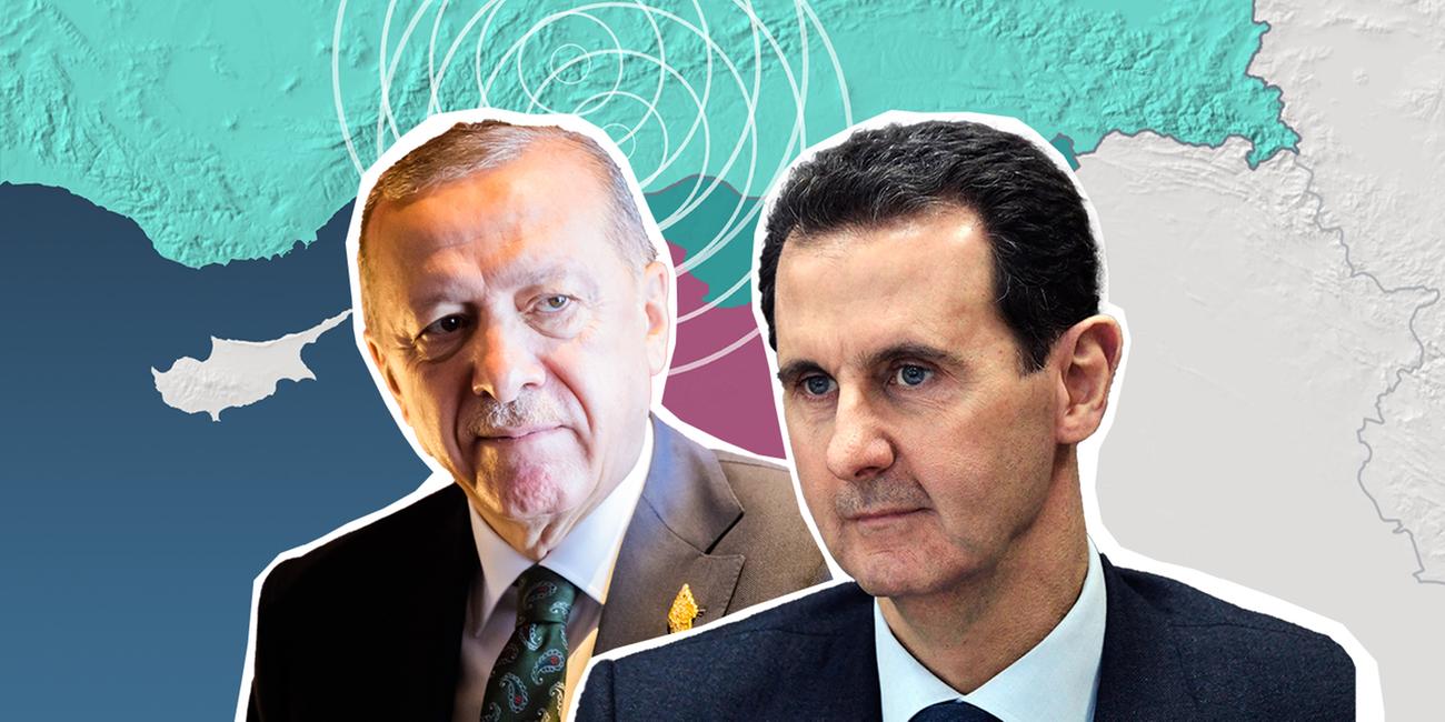 Erdogan und Assad vor Karte von türkisch-syrischer Grenze