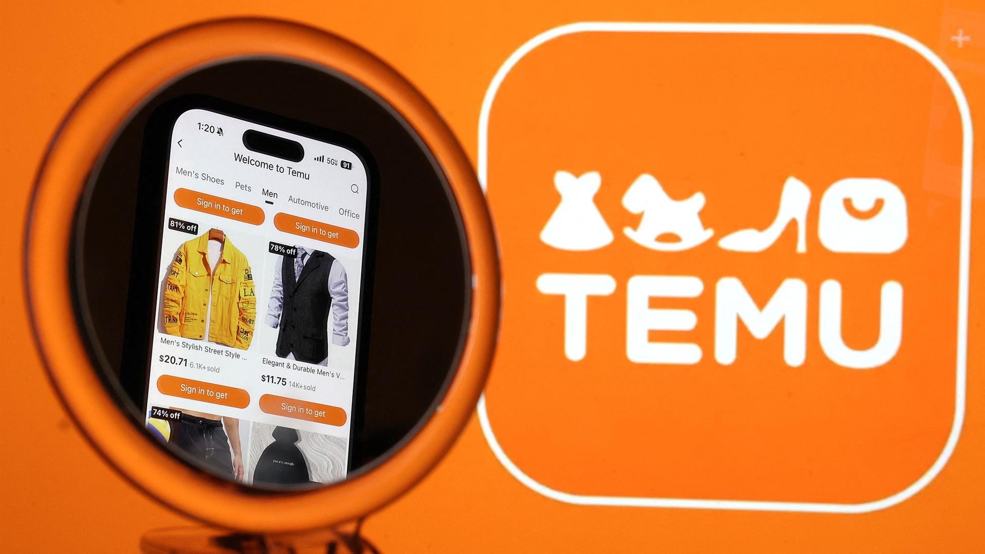 Auf einem Handy wird die App Temu geöffnet.