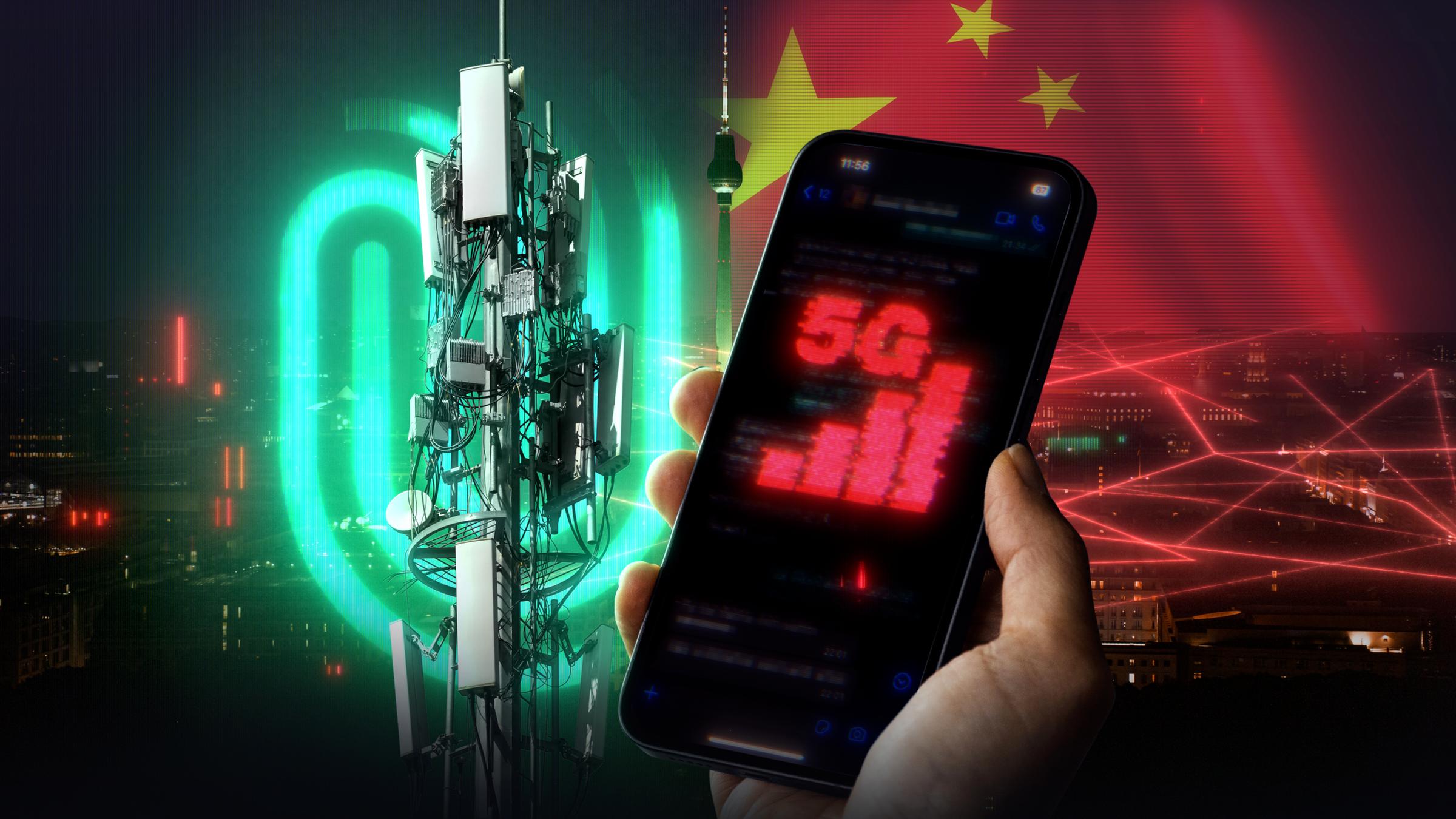 Handy mit 5G auf dem Display, Mobilfunkmast und chinesische Flagge im Anschnitt