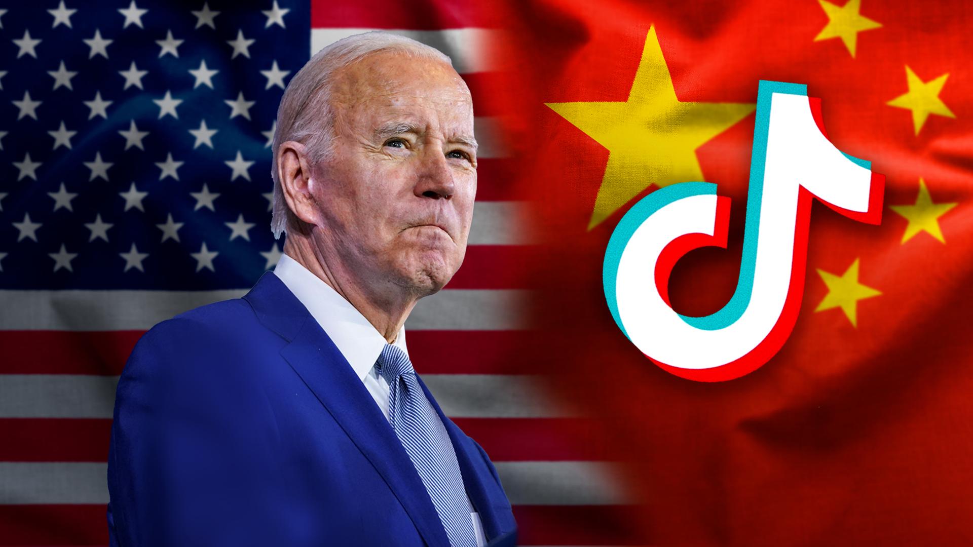 Im Hintergrund sind die Flaggen der USA und Chinas zu sehen; im Vordergrund links US-Präsident Joe Biden, im Vordergrund rechts das Logo der umstrittenen App TikTok