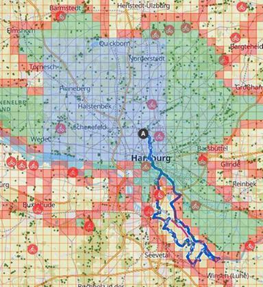 Tile Hunting Landkarte von der Region Hamburg. Aufteilung der Region in Kacheln (Tiles).