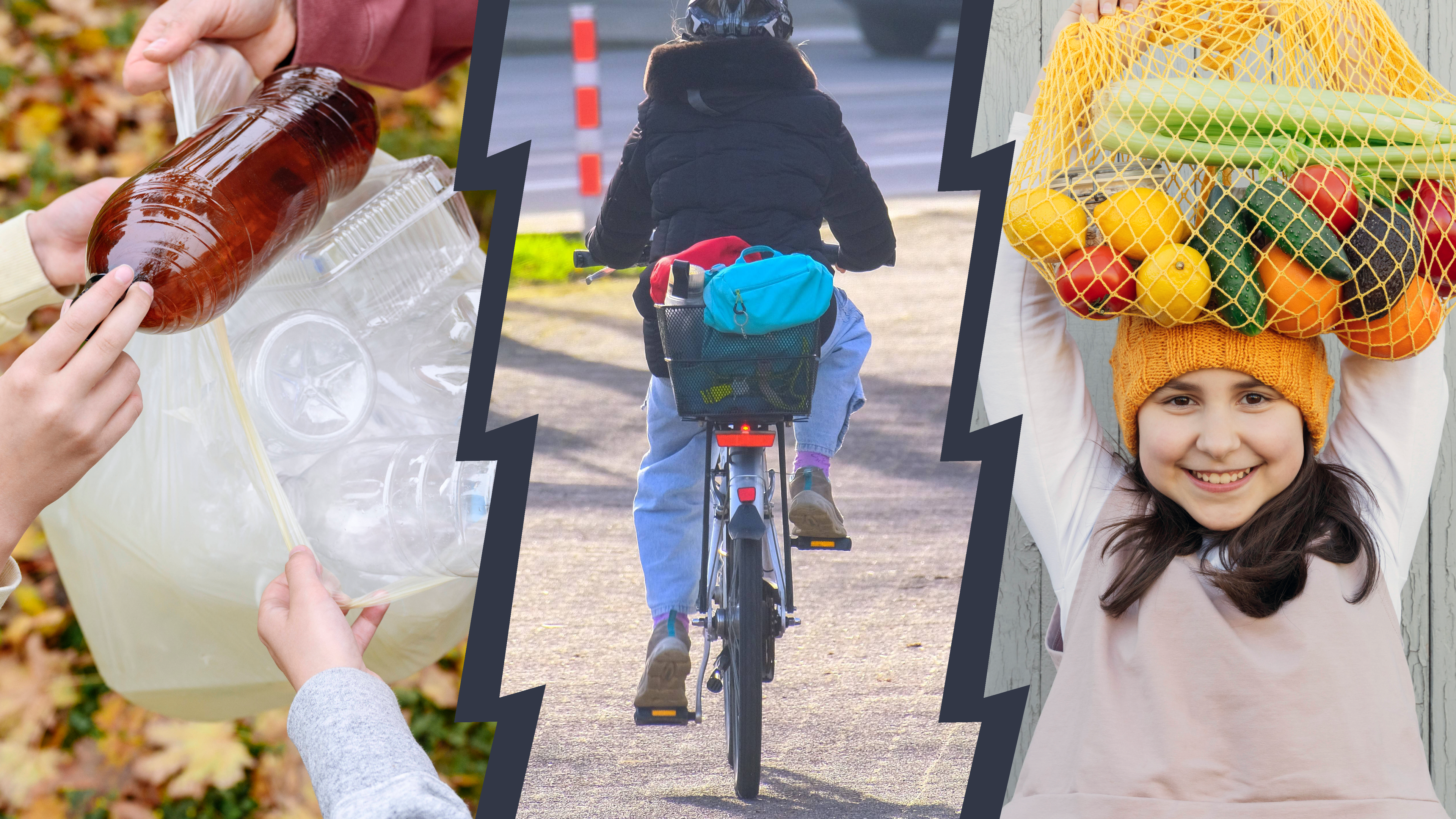 Dreigeteiltes Bild. Links sieht man Kinder, die einen Müllbeutel mit Plastikflaschen in den Händen halten. In der Mitte sieht man ein Kind von hinten, das Fahrrad fährt. Rechts hält sich ein Mädcen einen Netzbeutel mit Gemüse und Obst über den Kopf.