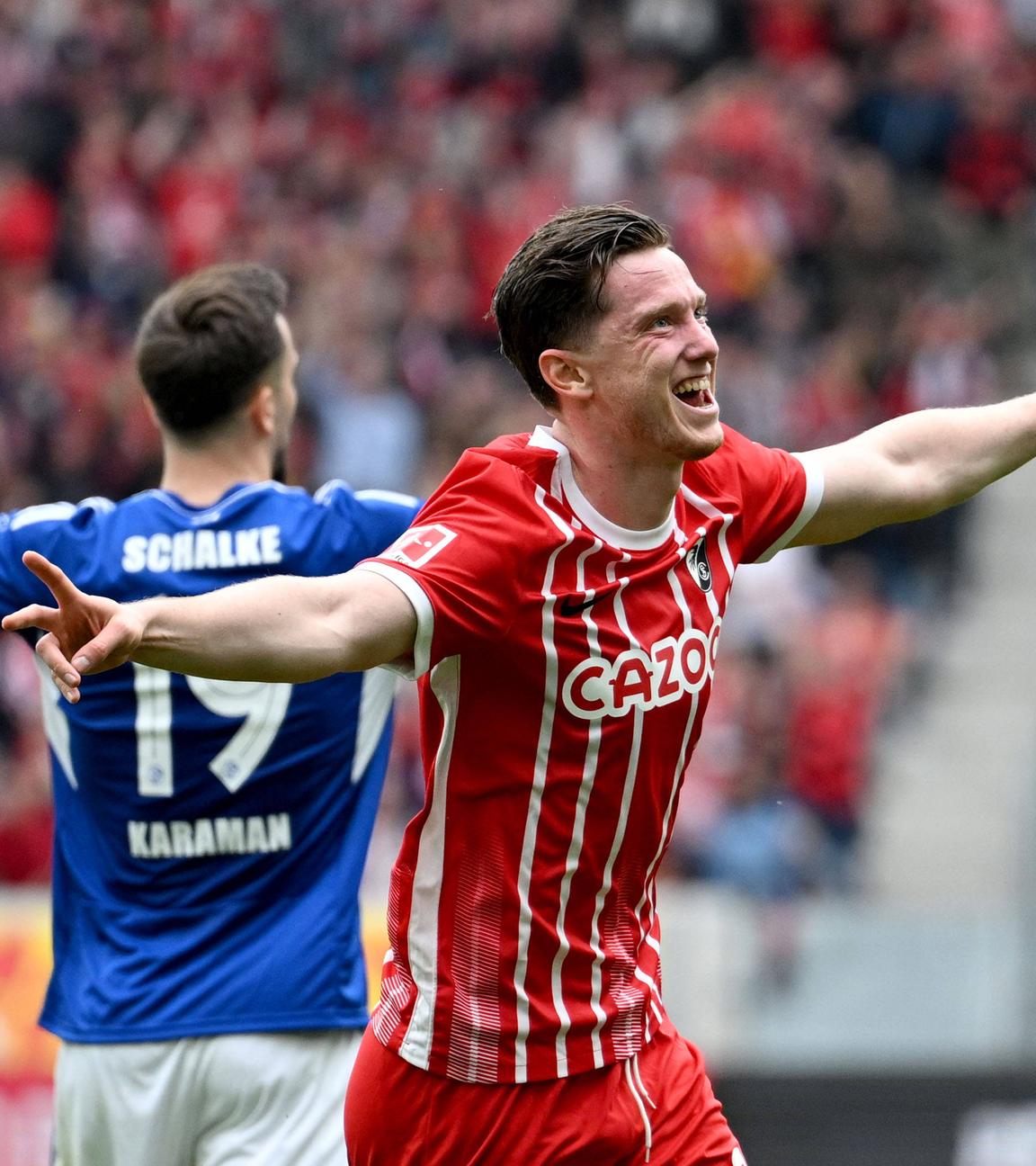 23.04.2023, Freiburg, Germany, Europapark Stadio, SC Freiburg vs FC Schalke 04 - 1. Bundesliga, Michael Gregoritsch (SC Freiburg) jubelt nach seinem treffer zum 2:0