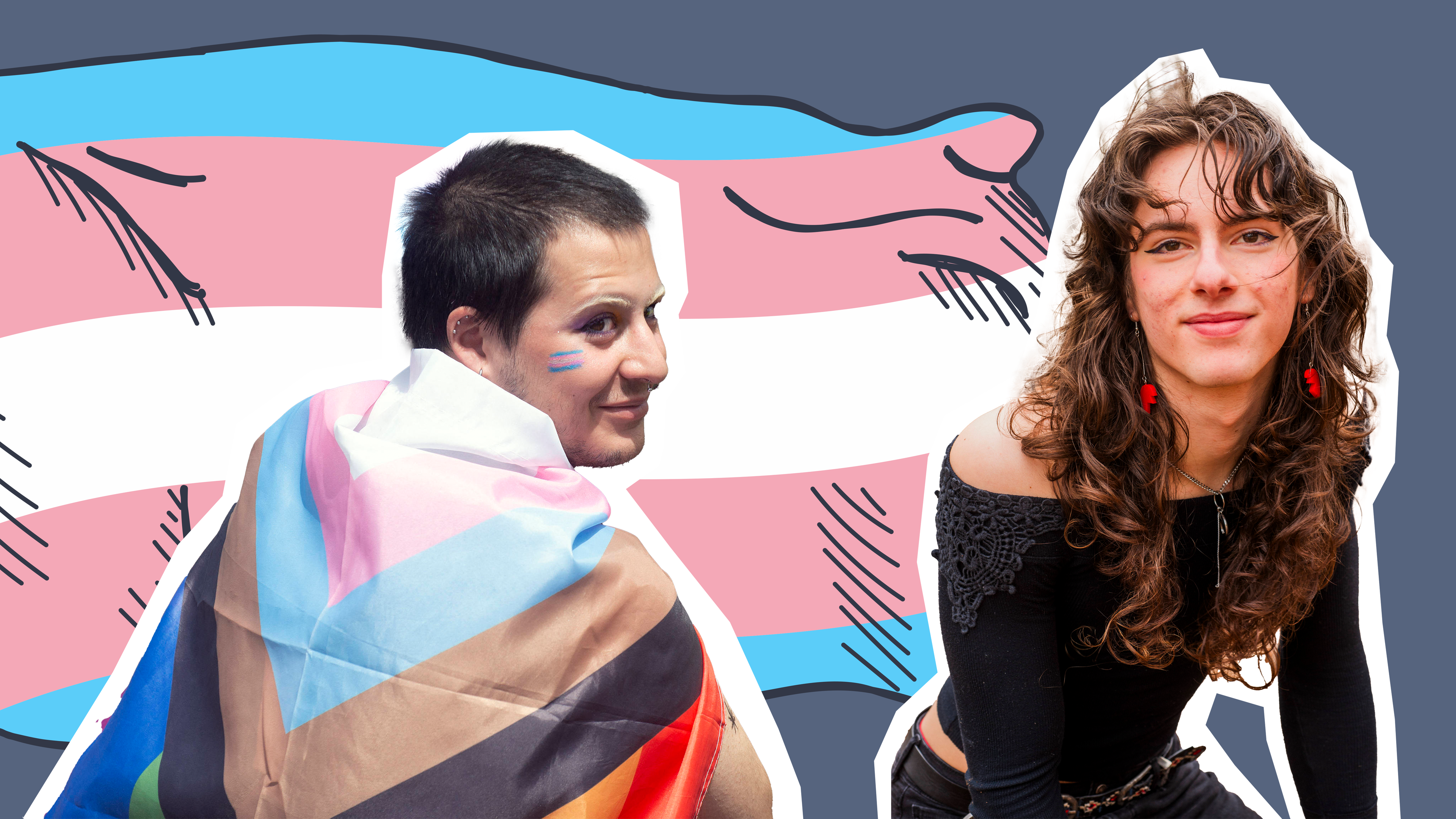 Zwei Transgender-Personen mit der Transgender-Flagge.