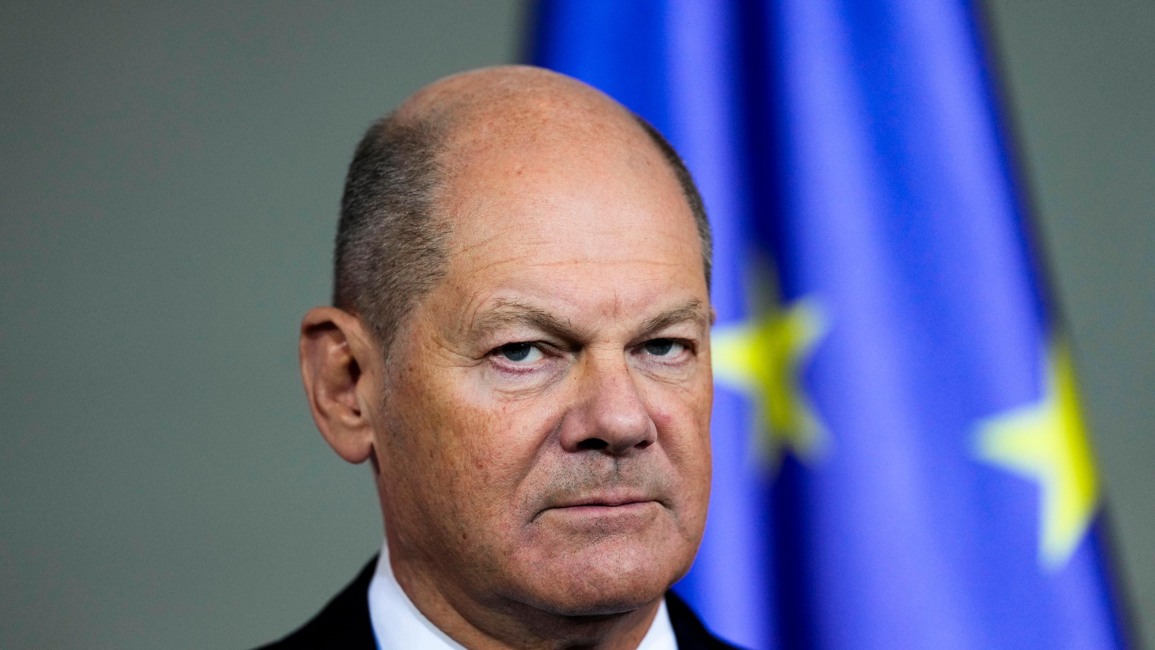 German Chancellor Olaf Scholz gives a statement at the chancellery in Berlin, Germany, Wednesday, Jan. 8, 2025.