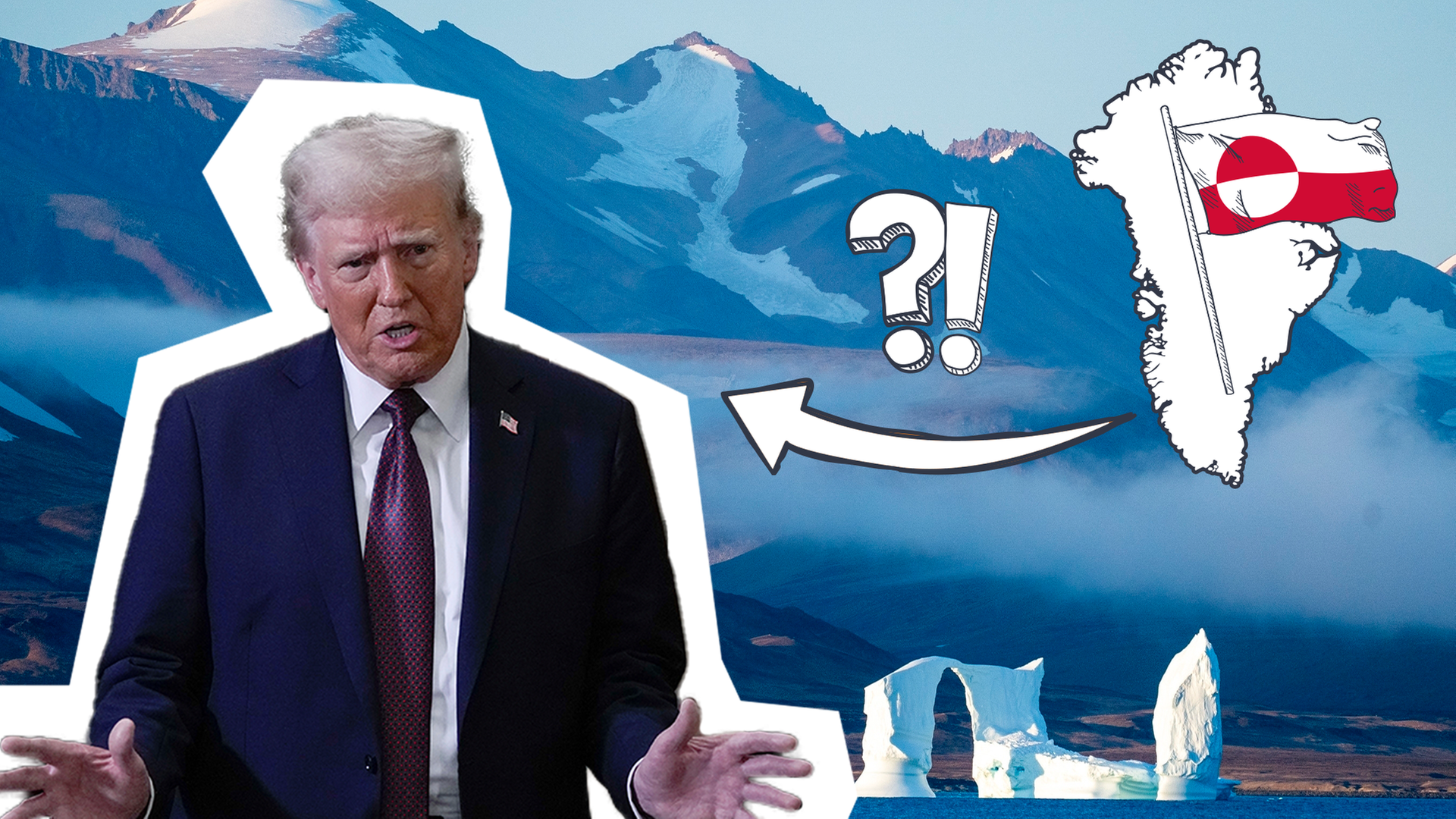 Die Collage zeigt Donald Trump vor einem Landschaftsbild von Grönland mit Bergen, Schnee und einem Eisberg, eine USA-Flagge, ein Fragezeichen und Ausrufezeichen.