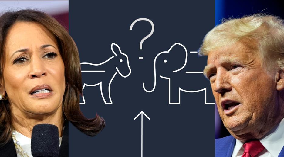 Das Bild zeigt Harris und Trump und in der Mitte Pictogramme, die zeigen sollen. Wer gewinnt die Wahl: Republikaner oder Demokraten? 