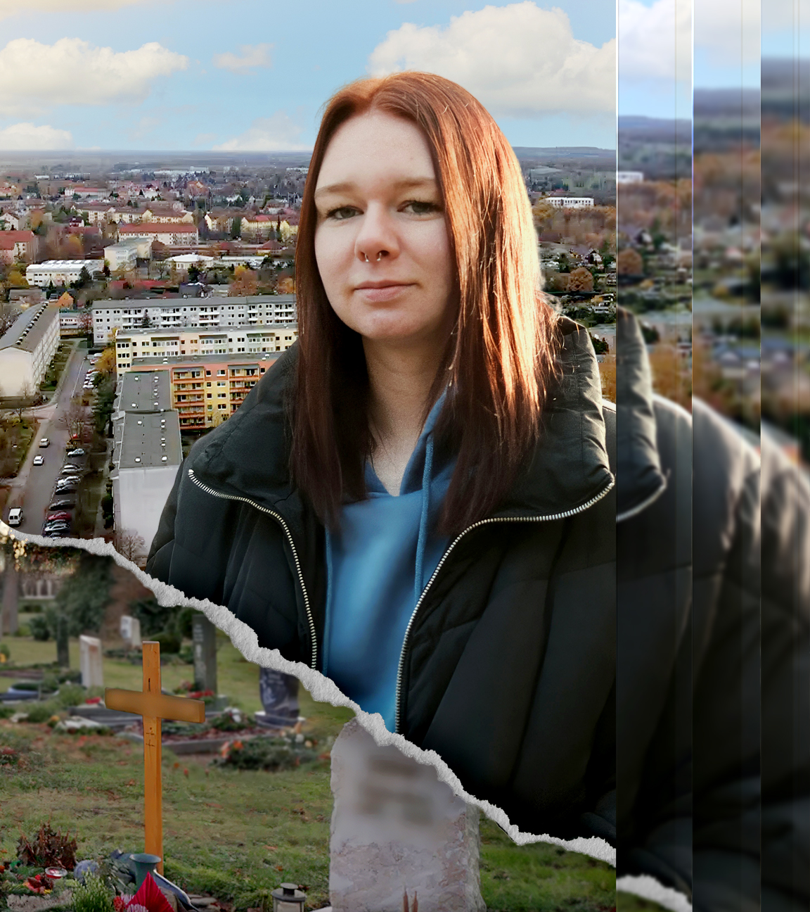 Eine junge Frau vor einer Collage mit einer Stadtkulisse und einem Grab links unten