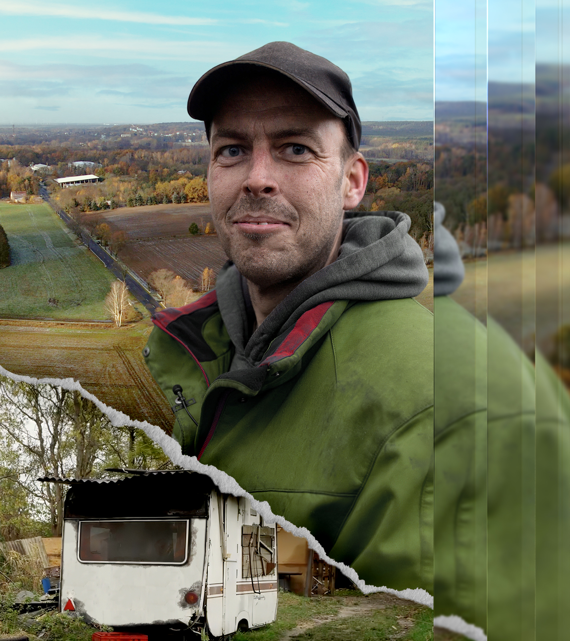 Mann mit Basecap vor einer Collage mit grüner Landschaft und seinem Wohnwagen links unten