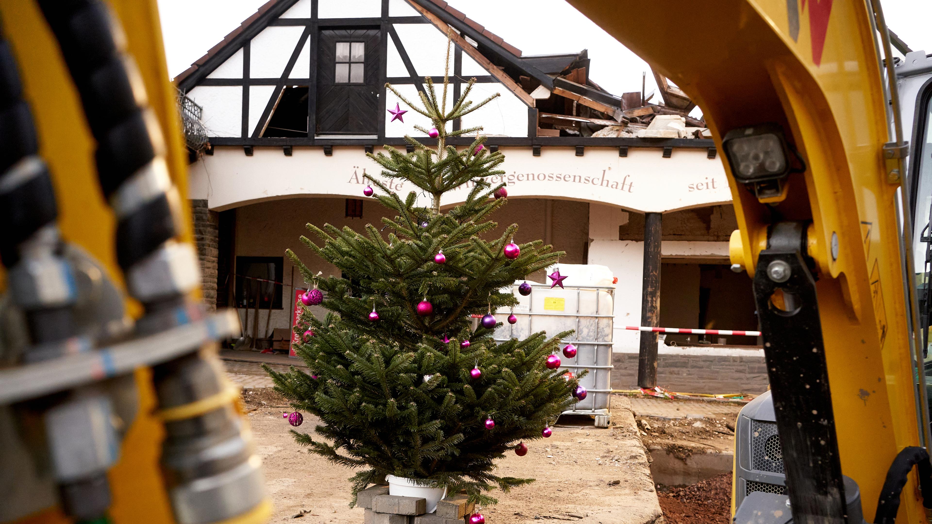 Ein Tanenbaum für Fluopfer in Vordergund, im Hintergrund ein zerstörtes Dach