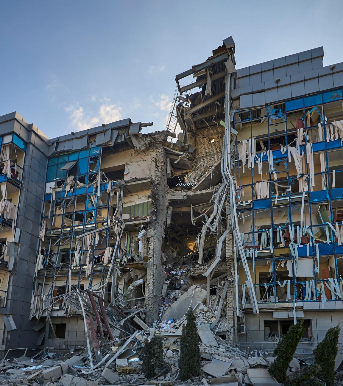  A view of the damaged Swiss Foundation for Mine Action (FSD) office after shelling in Kharkiv, northeastern Ukraine, 24 July 2024, amid the Russian invasion.