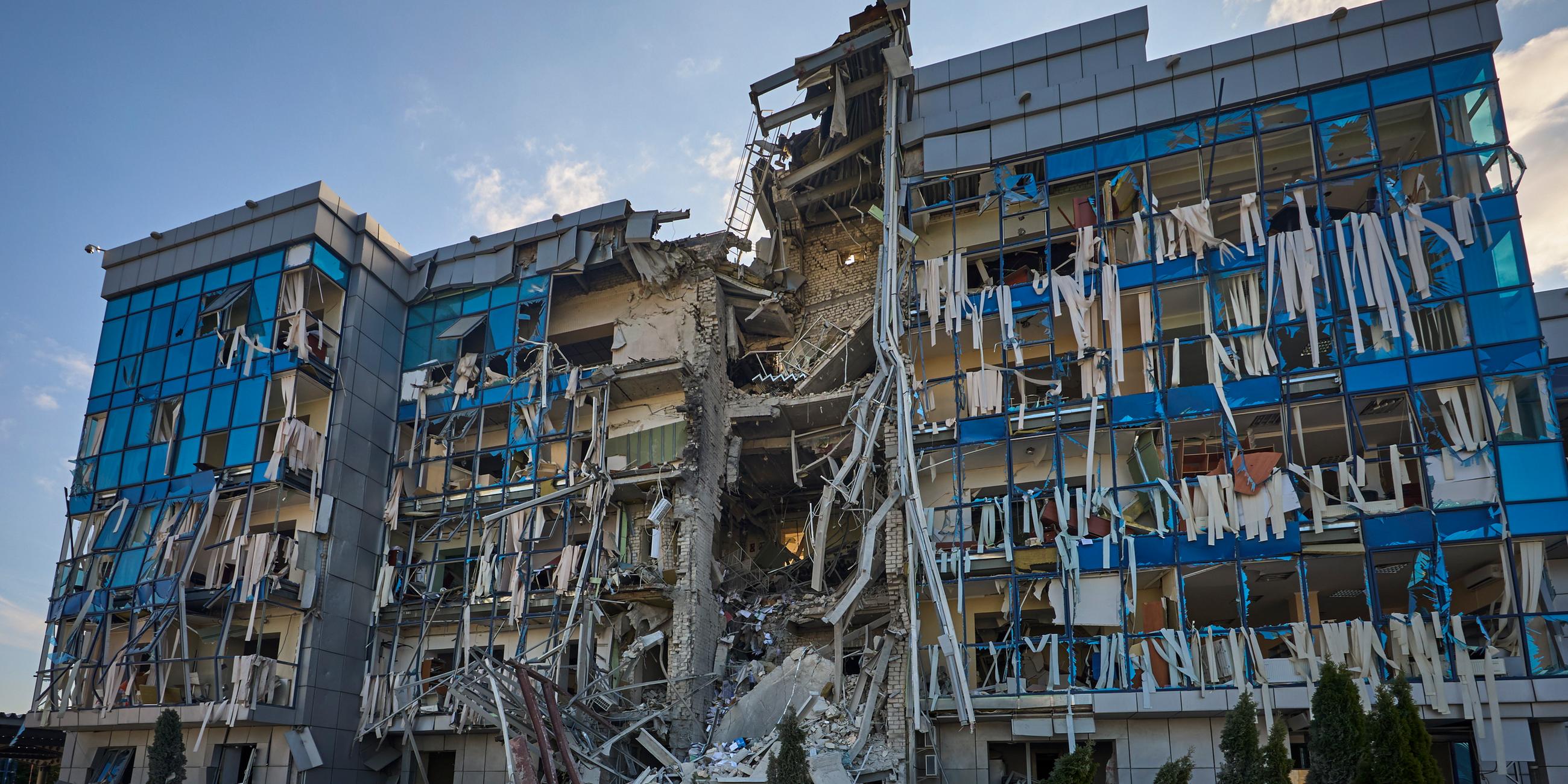  A view of the damaged Swiss Foundation for Mine Action (FSD) office after shelling in Kharkiv, northeastern Ukraine, 24 July 2024, amid the Russian invasion.