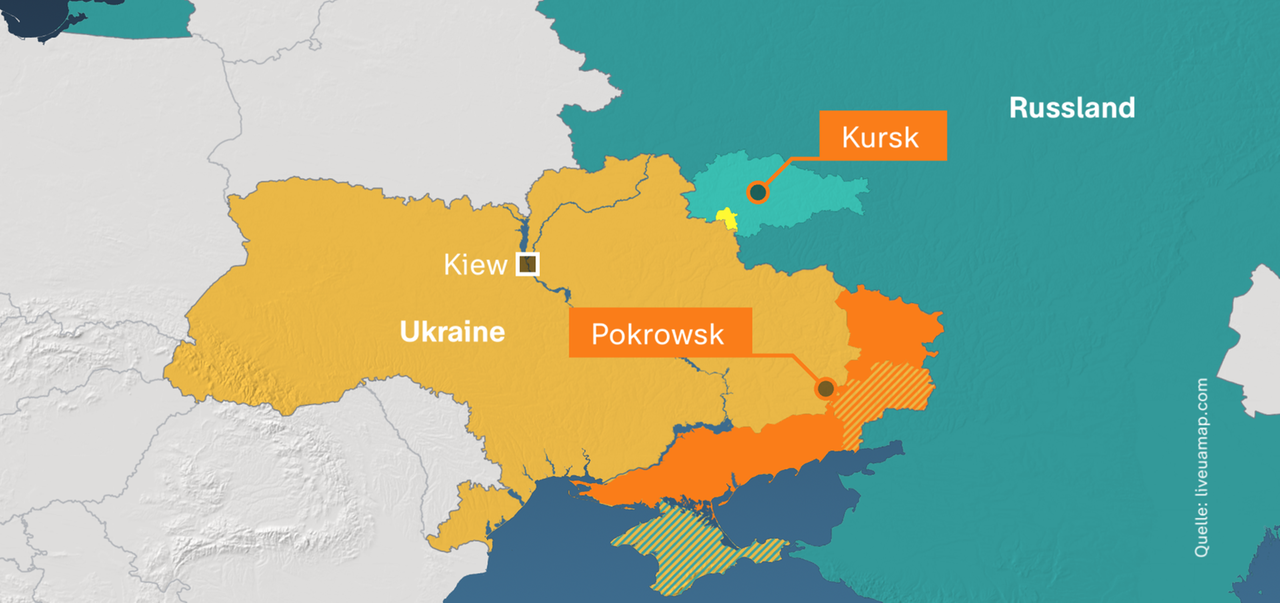 Karte von der Ukraine mit den Städten Toropez, Kursk und Pokrowsk