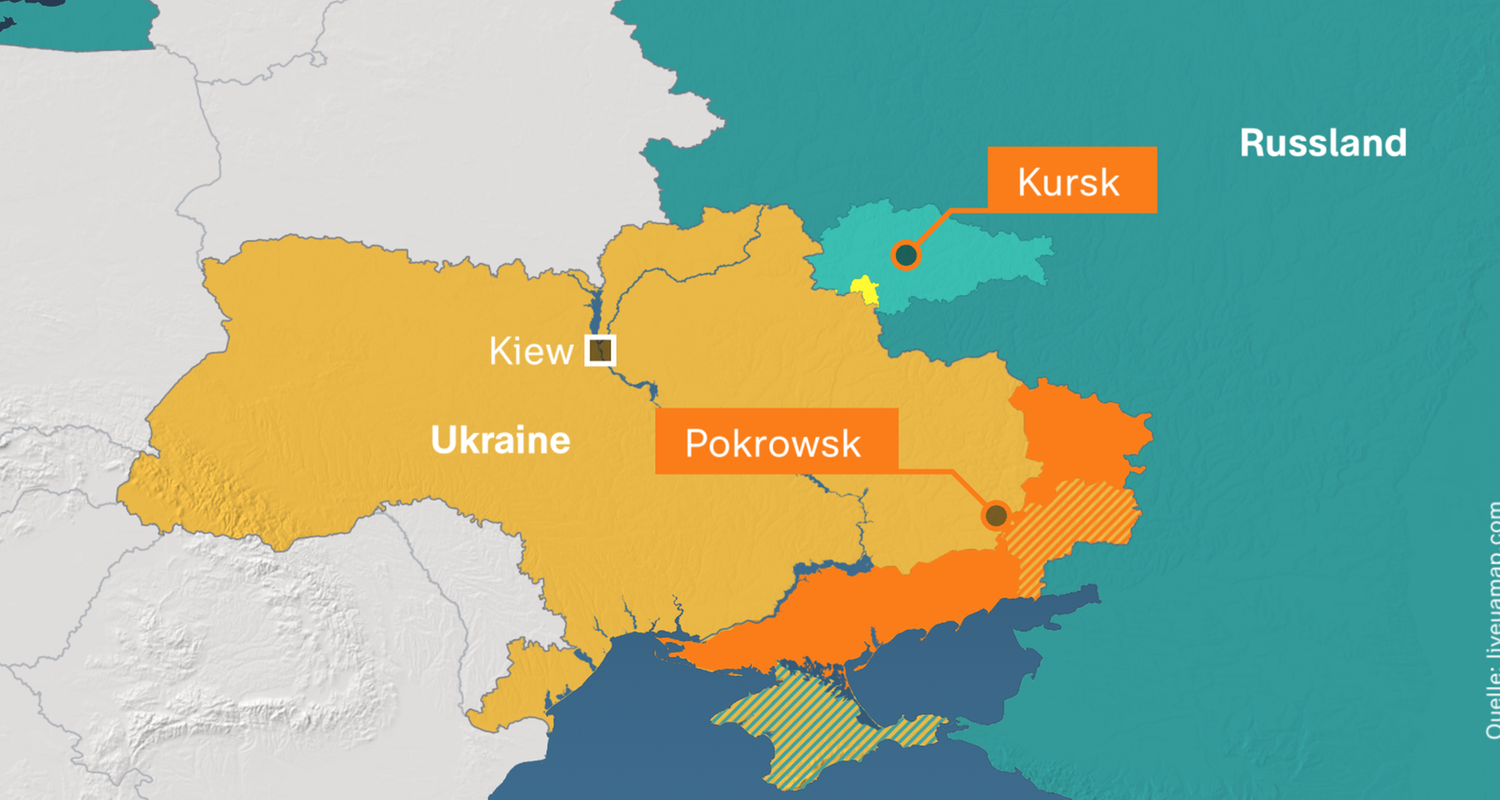 Karte von der Ukraine mit den Städten Toropez, Kursk und Pokrowsk