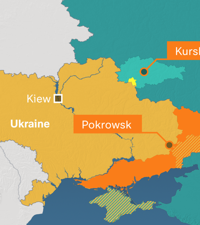 Karte von der Ukraine mit den Städten Toropez, Kursk und Pokrowsk