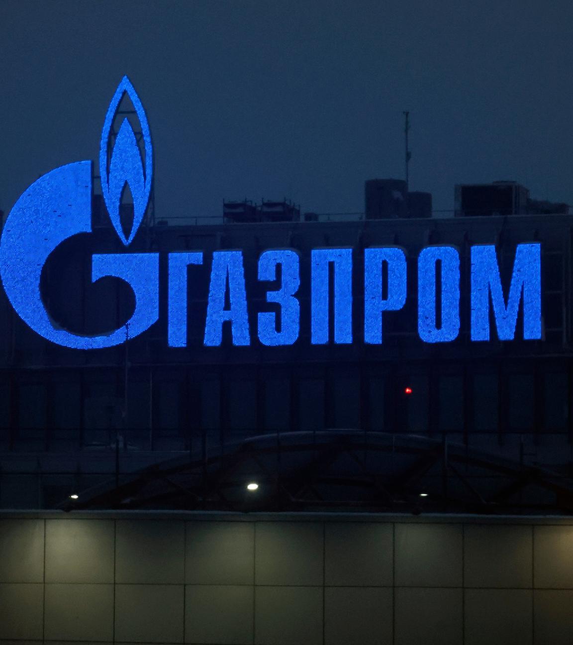 The logo of Russian energy giant Gazprom adorns a building in St. Petersburg, Russia, 11 January 2025.