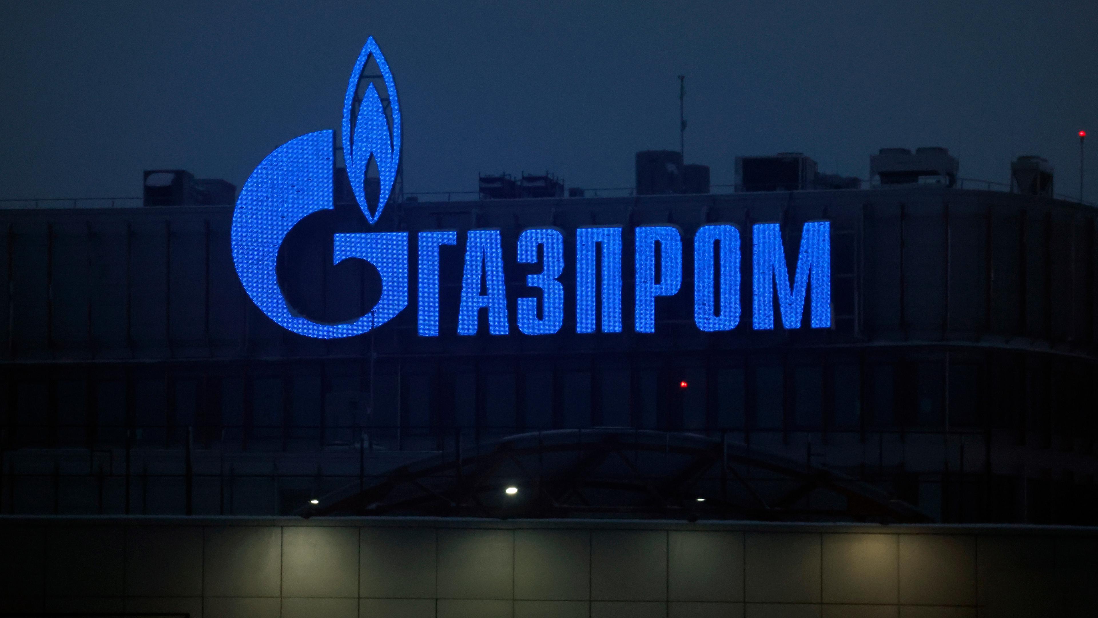 The logo of Russian energy giant Gazprom adorns a building in St. Petersburg, Russia, 11 January 2025.