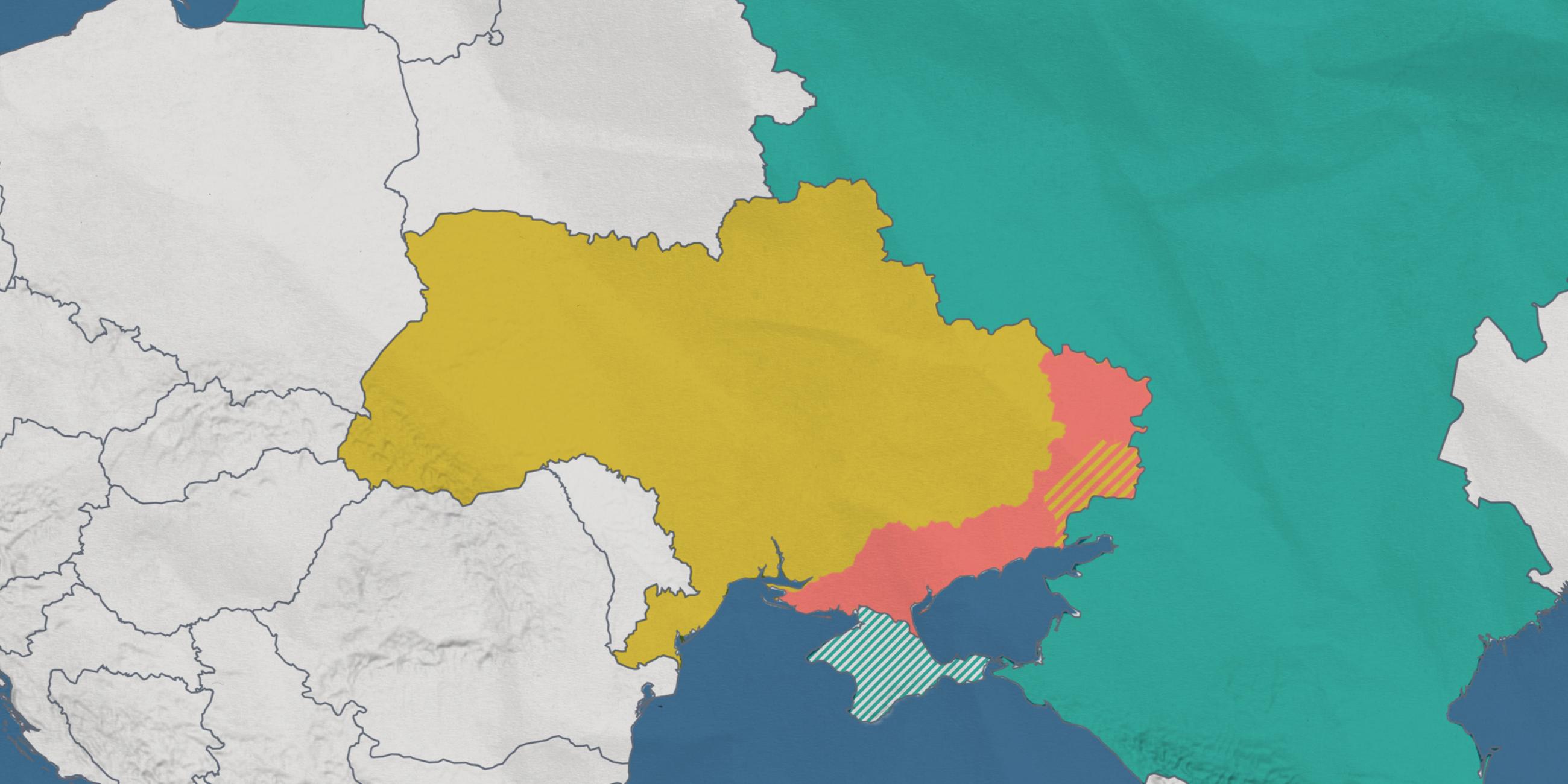 Die Karte der Ukraine zeigt, welche Gebiete im Osten des Landes von russischen Truppen besetzt sind. Zudem sind die Separatistengebiete und die annektierte Krim hervorgehoben. 