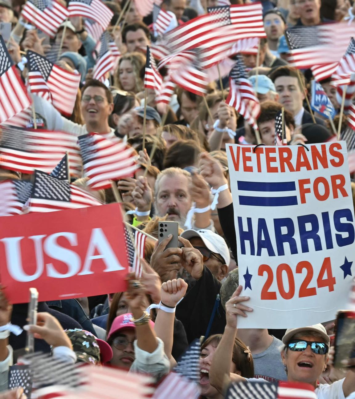 Anhänger von Kamala Harris mit USA-Flaggen und Plakaten. 