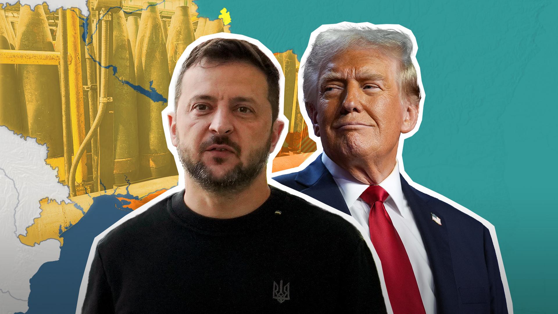 Selenskyj und Trump vor Symbol-Graphik Ukraine 