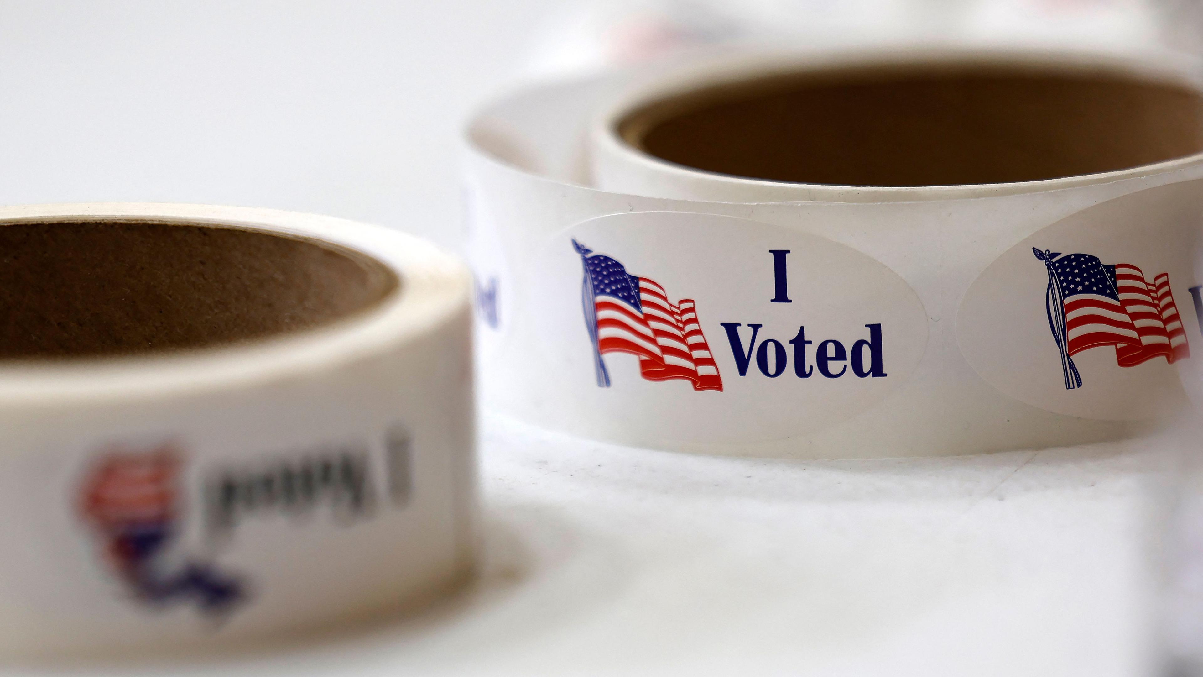 "I voted" stickers for people who cast their ballot at the McDonald Elementary School in Dearborn during the Michigan presidential primary election on February 27, 2024. 