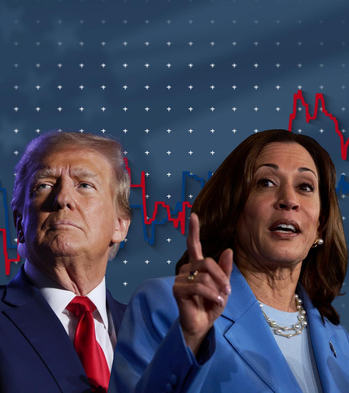 Donald Trump und Kamala Harris, dahinter ein Liniendiagramm mit ihren Umfragewerten