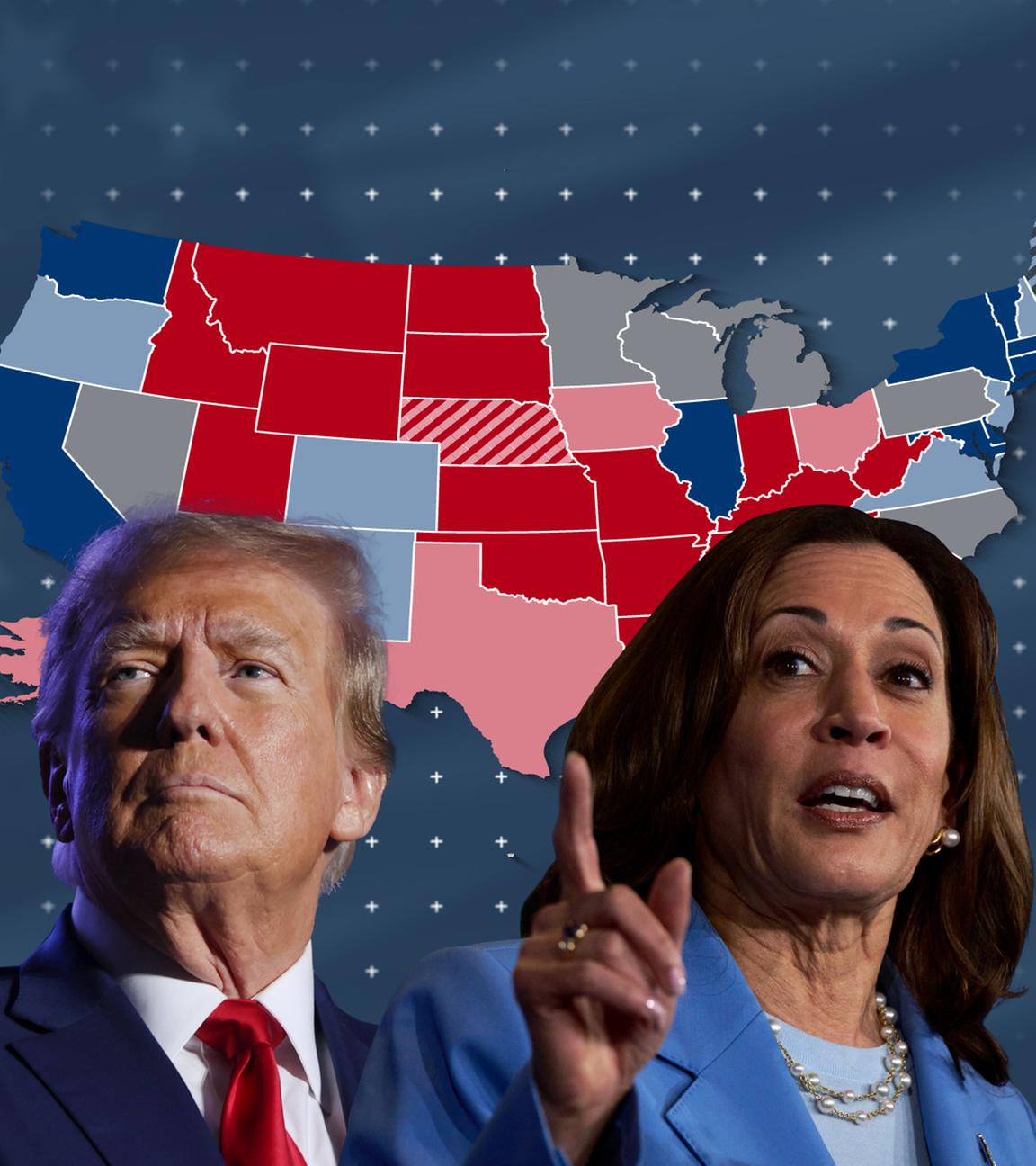 Donald Trump und Kamala Harris, dahinter ein Liniendiagramm mit ihren Umfragewerten