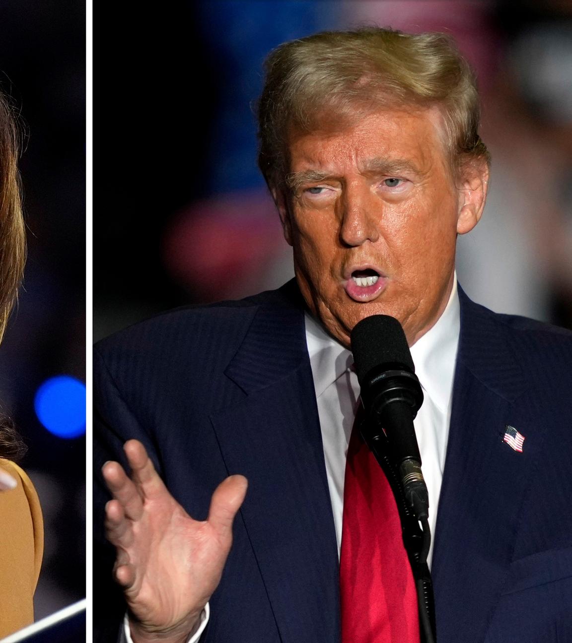 This combination of file photos shows Vice President Kamala Harris, the Democratic presidential nominee, left, speaking at a campaign rally in Kalamazoo, Michigan, on Oct. 26, 2024, and former President Donald Trump, the Republican presidential nominee, right, speaking during a campaign rally on Oct. 22, 2024, in Greensboro, North Carolina.