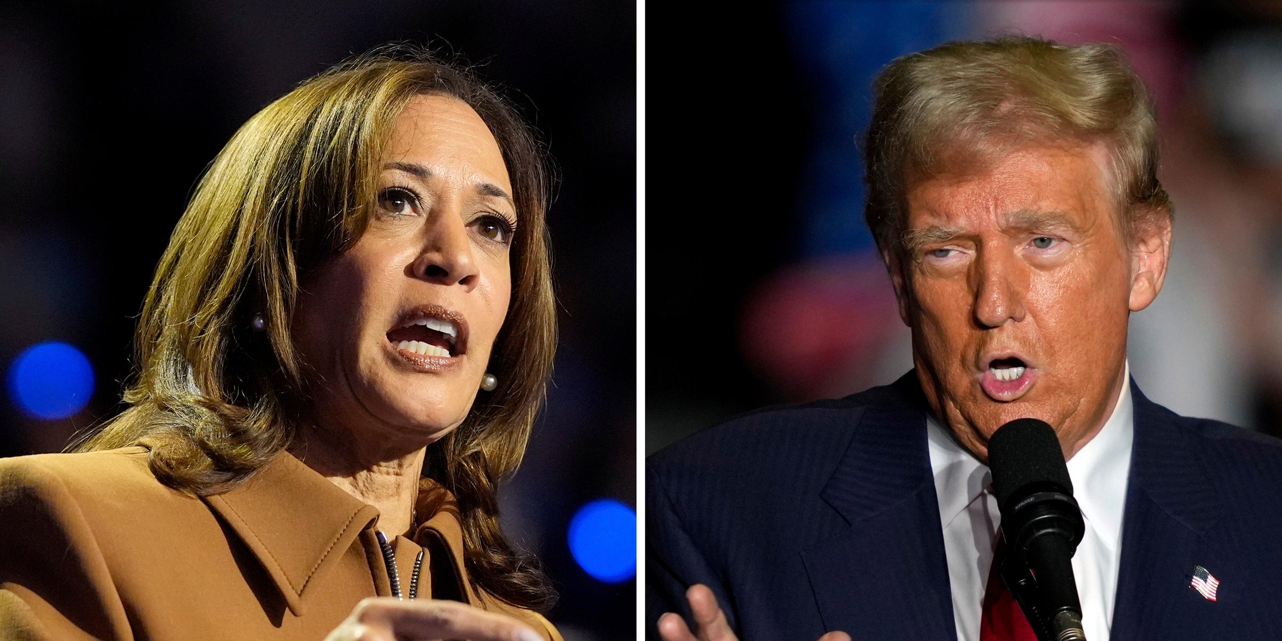 This combination of file photos shows Vice President Kamala Harris, the Democratic presidential nominee, left, speaking at a campaign rally in Kalamazoo, Michigan, on Oct. 26, 2024, and former President Donald Trump, the Republican presidential nominee, right, speaking during a campaign rally on Oct. 22, 2024, in Greensboro, North Carolina.