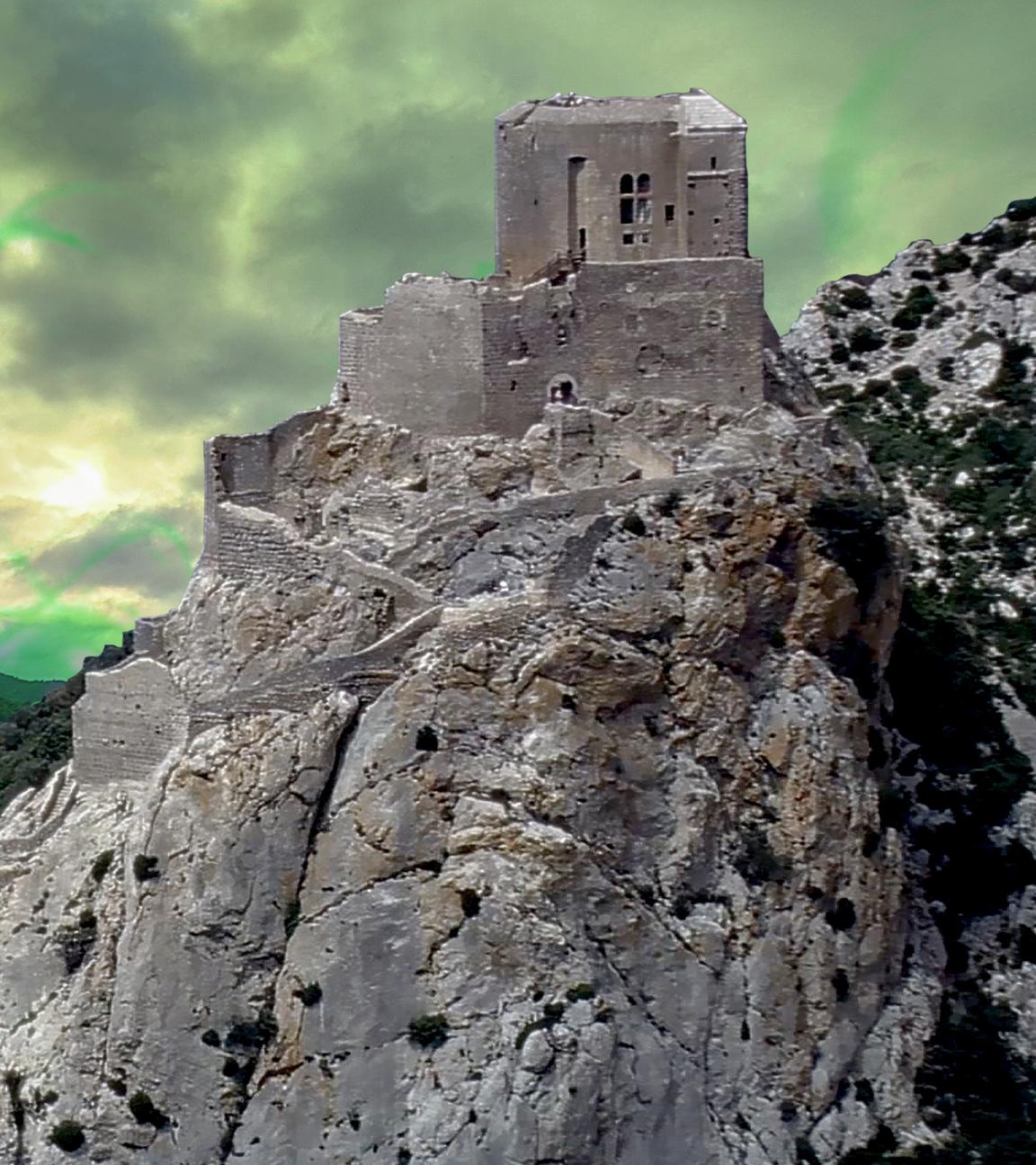 Montage: Panoramablick auf die Ruine der Bergfestung Montségur, der Himmel über der Landschaft im Hintergrund ist düster und grün eingefärbt.