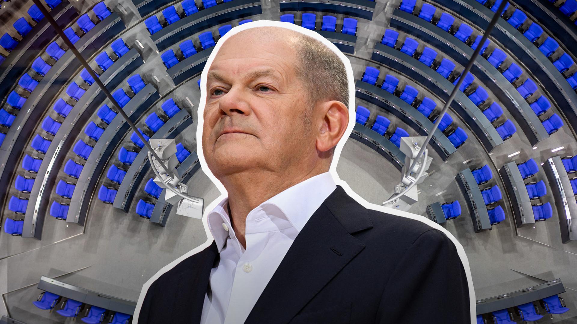 Olaf Scholz, im Hintergrund Bundestag