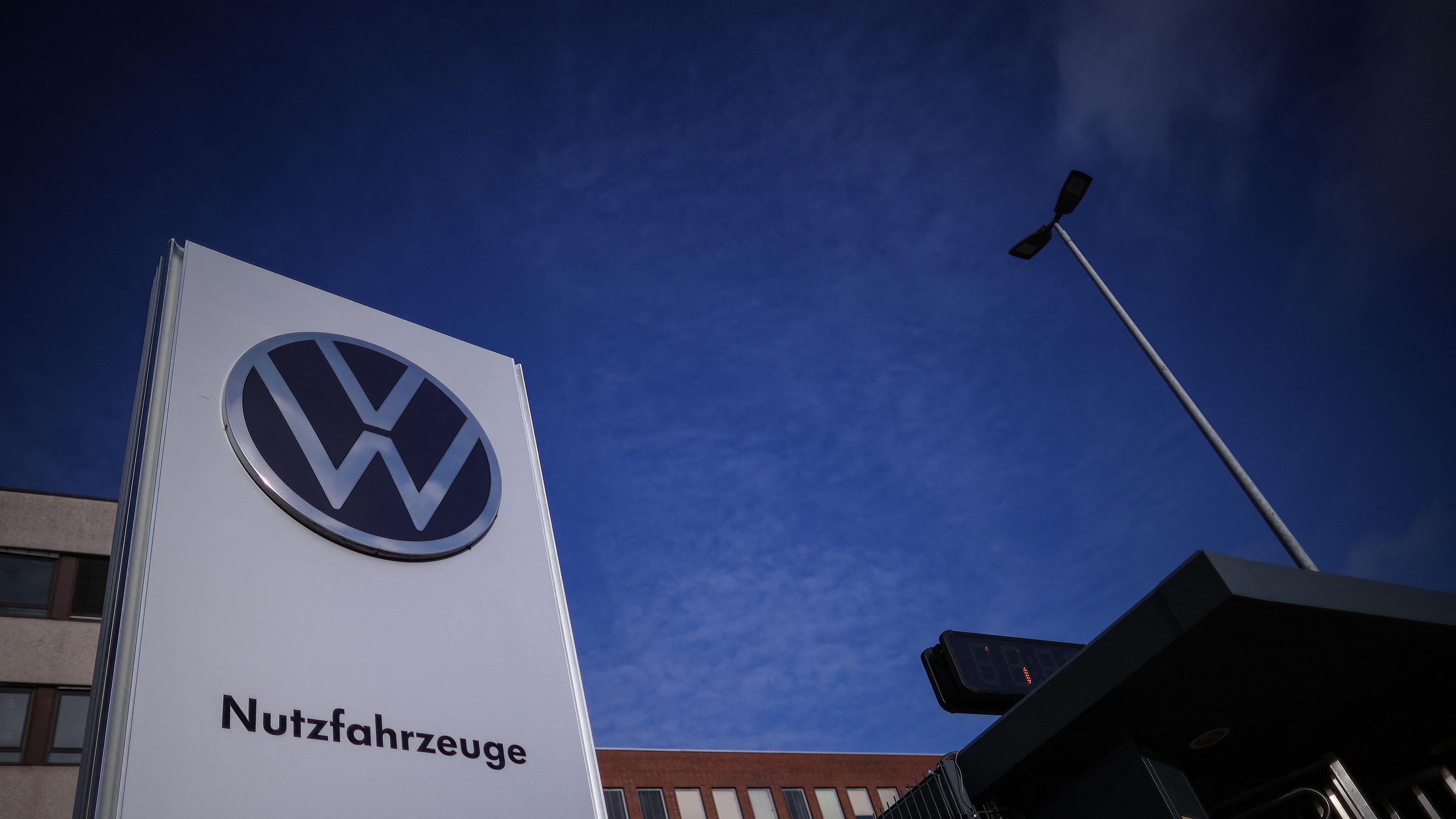 A general view of the entrance of the commercial vehicle plant of German car manufacturer Volkswagen (VW) with its logo on a board reading 'Commercial vehicles' (Nutzfahrzeuge) is pictured