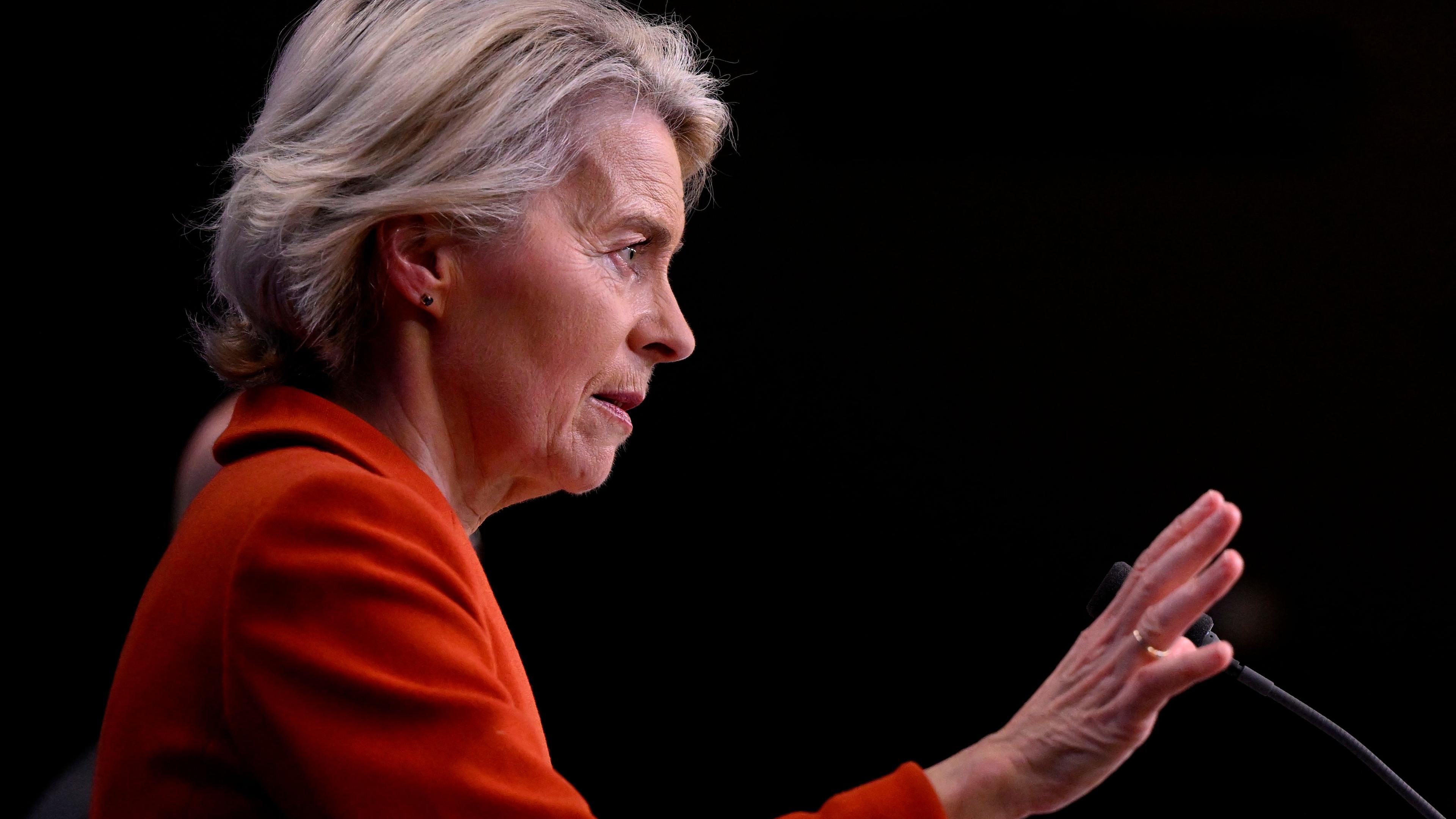 President of the European Commission Ursula von der Leyen addresses a closing press conference with European Council President after an EU summit in Brussels on October 17, 2024. 