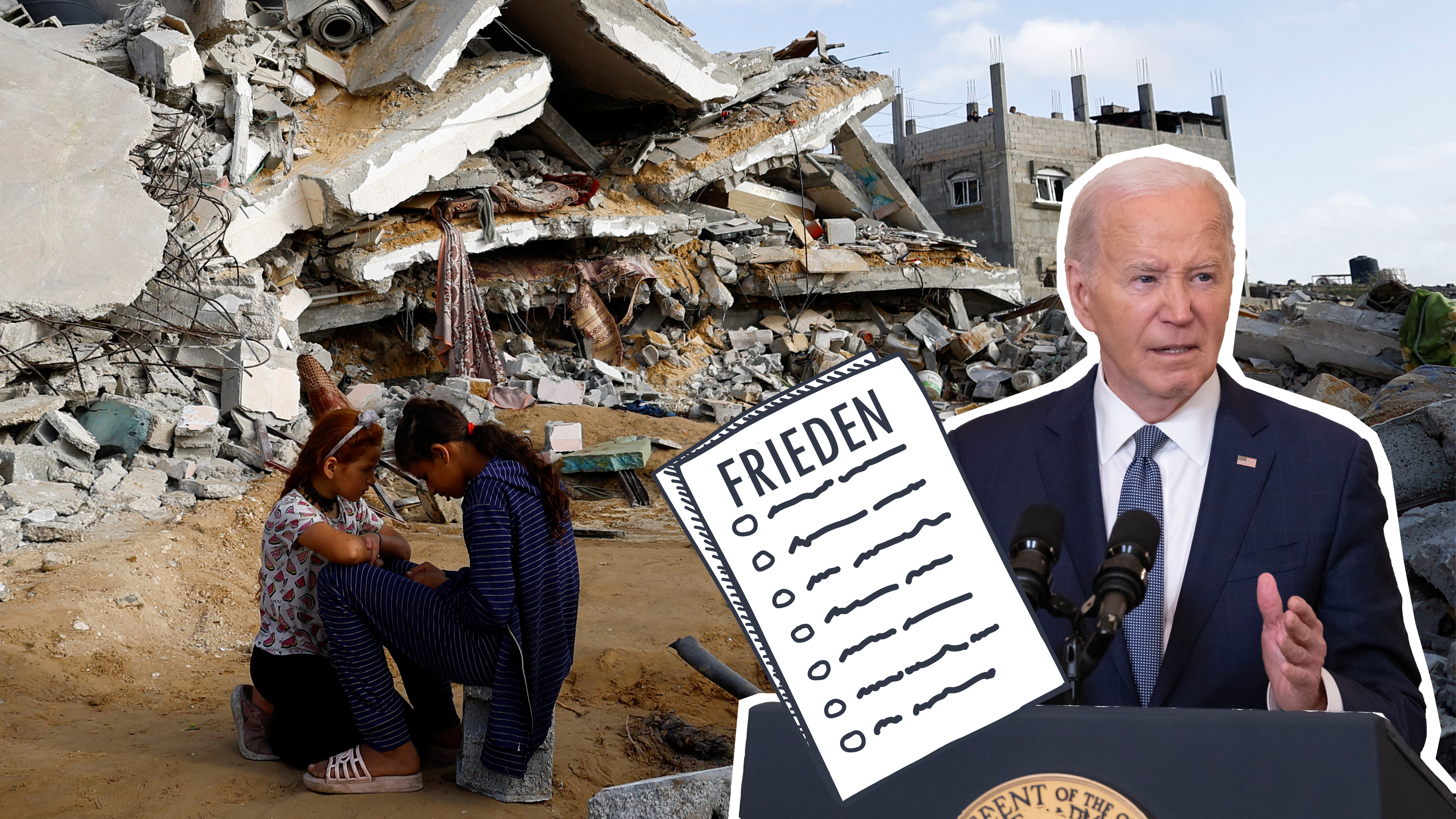 Zerstörtes Haus in Rafah, davor Biden mit Grafik von Friedensplan