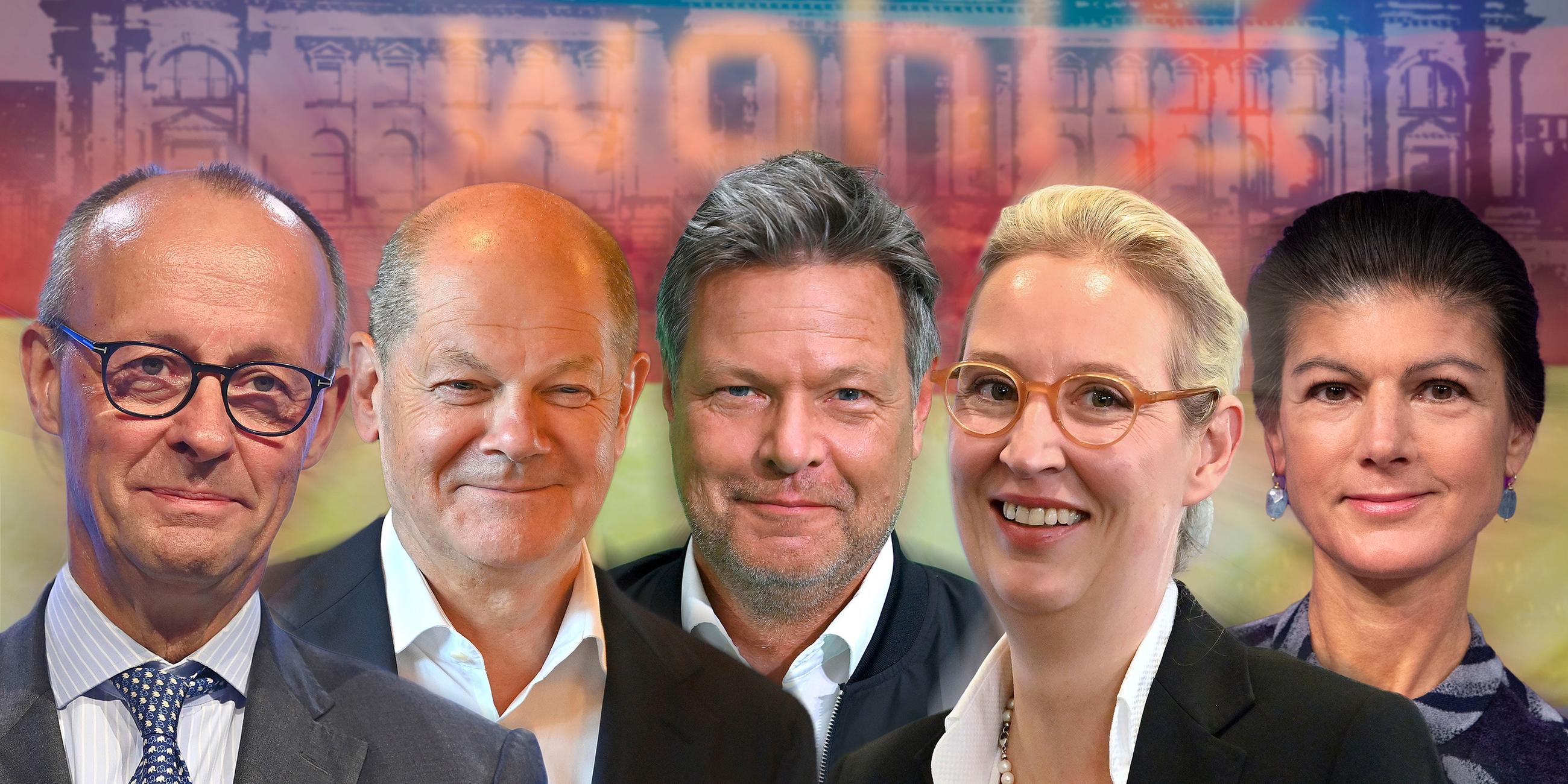 Friedrich Merz, Olaf Scholz, Robert Habeck, Alice Weidel, Sarah Wagenknecht (v.l.n.r.)