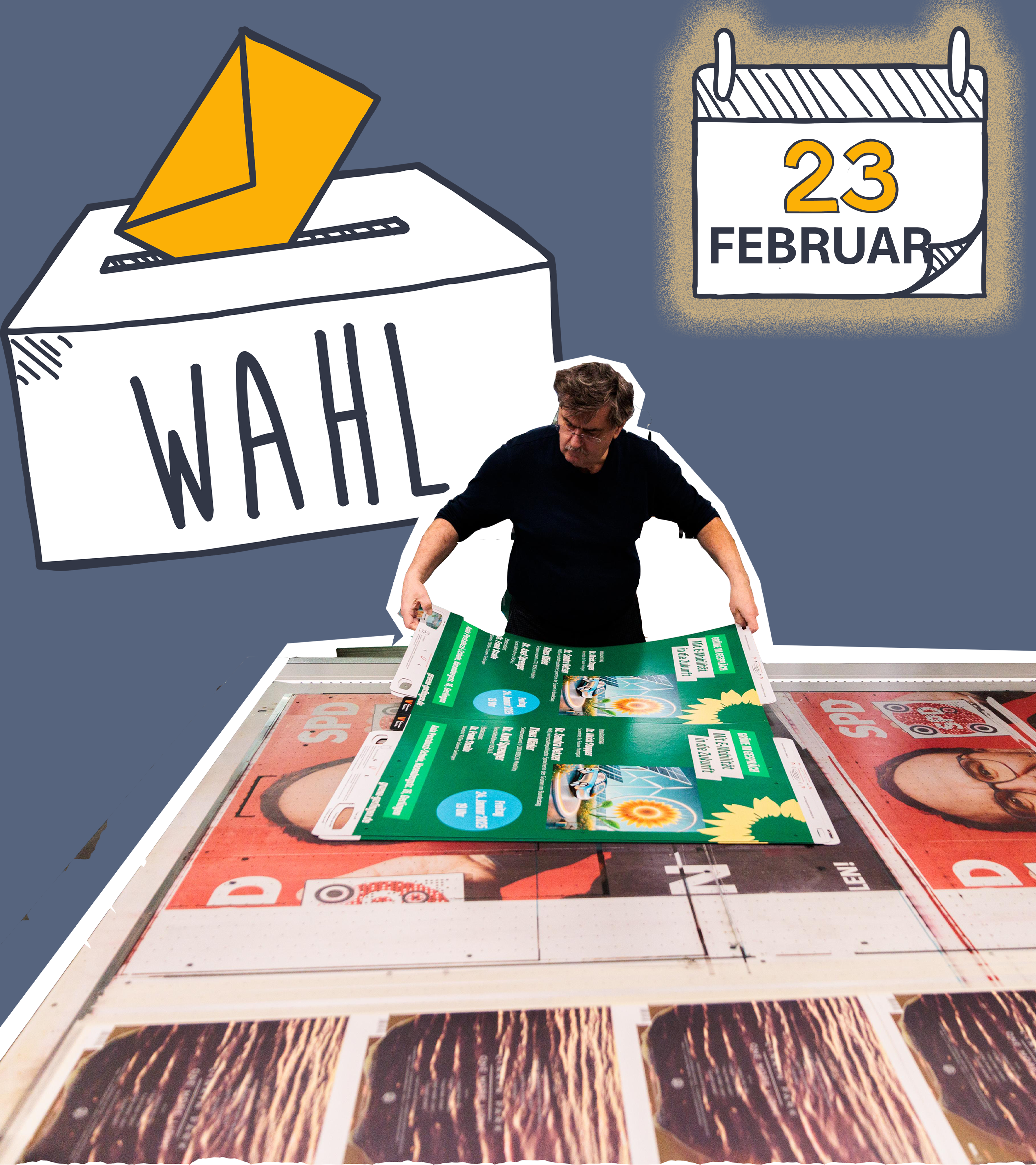 Druckerei druckt Wahlplakate, Grafik zu Wahlurne und Kalender mit Wahldatum.