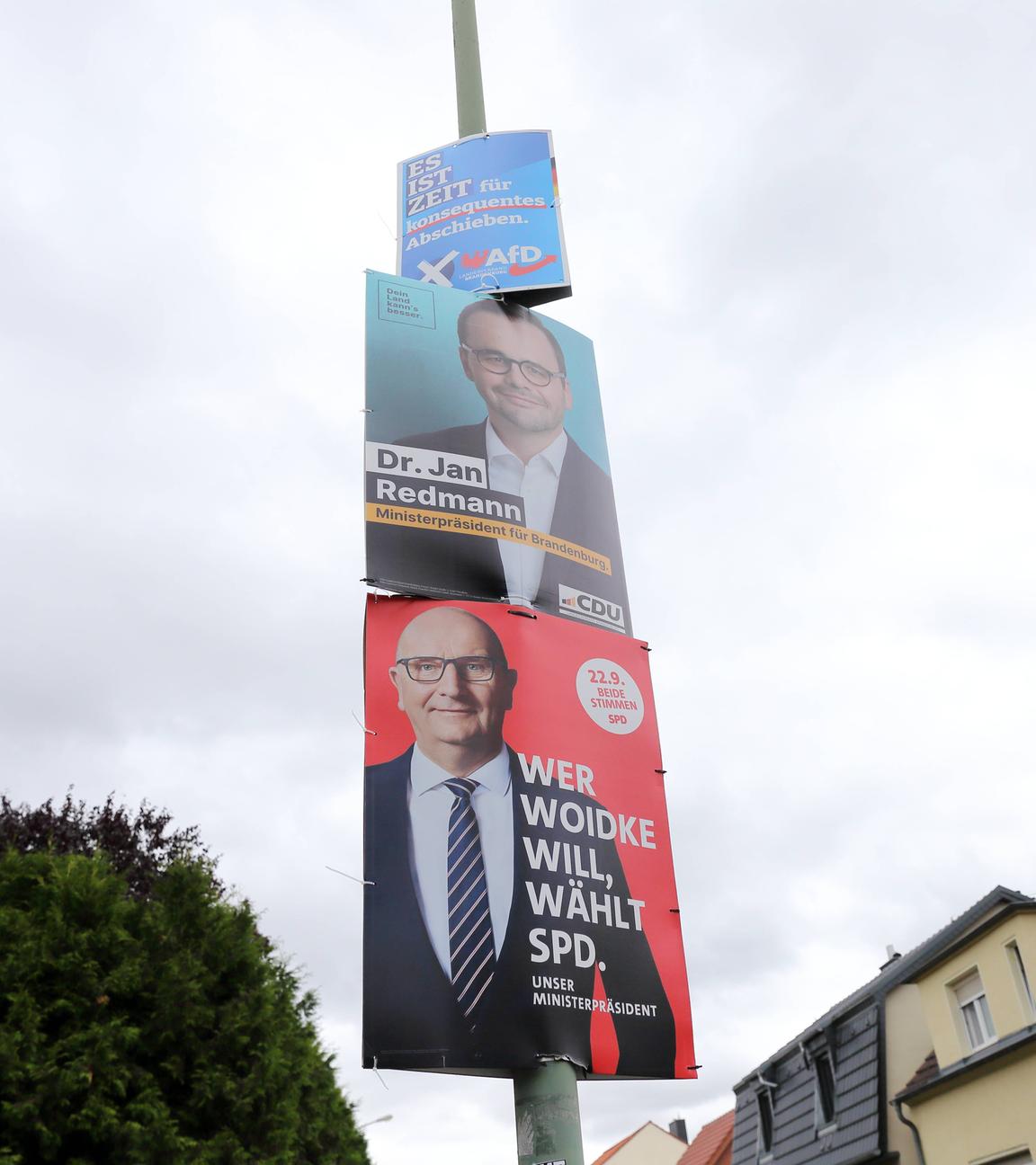 Wahlplakate von AfD mit einer Aufschrift, CDU mit Jan Redmann (Spitzenkandidat) und SPD mit Dietmar Woidke (Ministerpräsident und Spitzenkandidat) für die Landtagswahl in Brandenburg, Potsdam