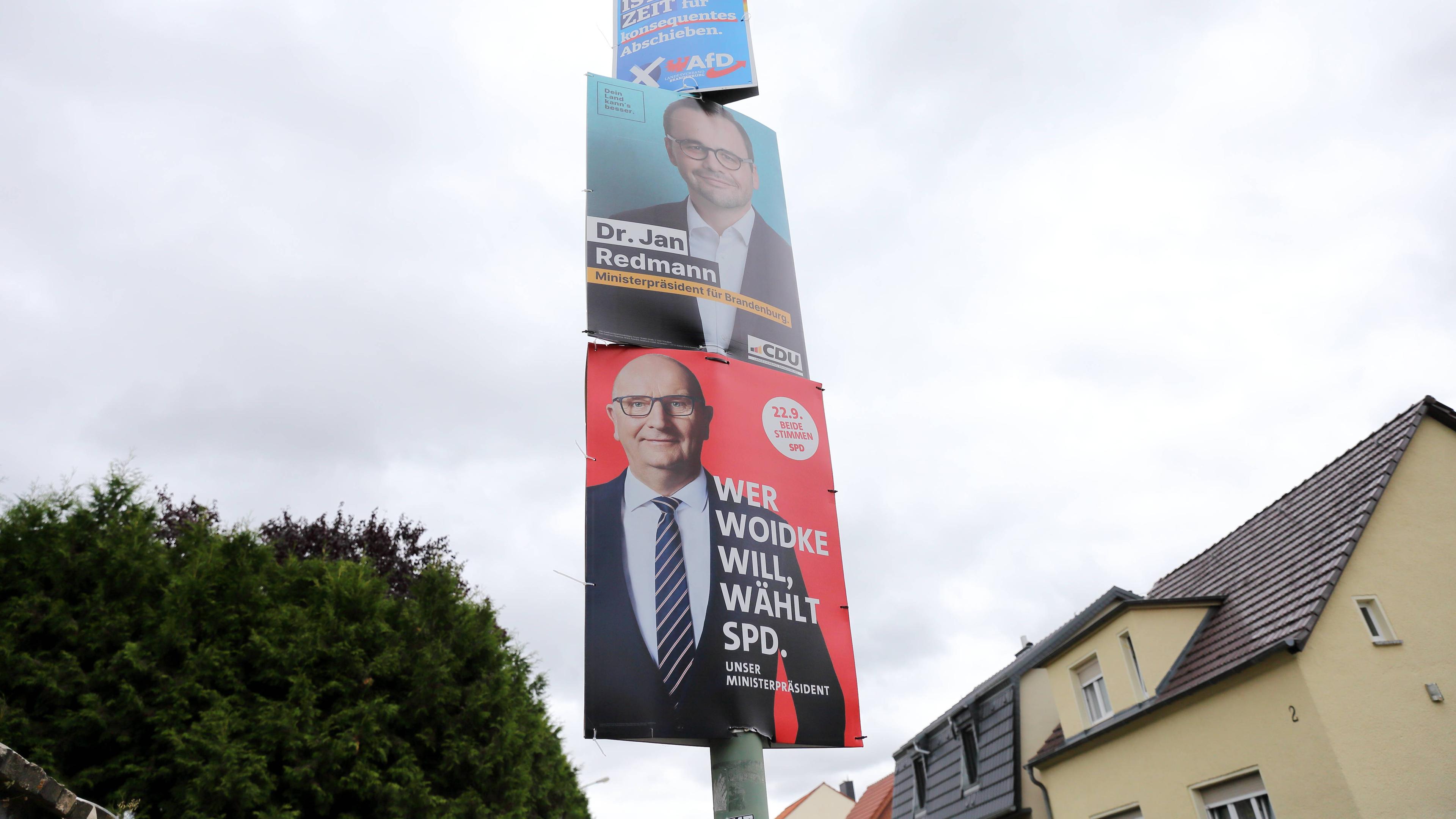 Wahlplakate von AfD mit einer Aufschrift, CDU mit Jan Redmann (Spitzenkandidat) und SPD mit Dietmar Woidke (Ministerpräsident und Spitzenkandidat) für die Landtagswahl in Brandenburg, Potsdam