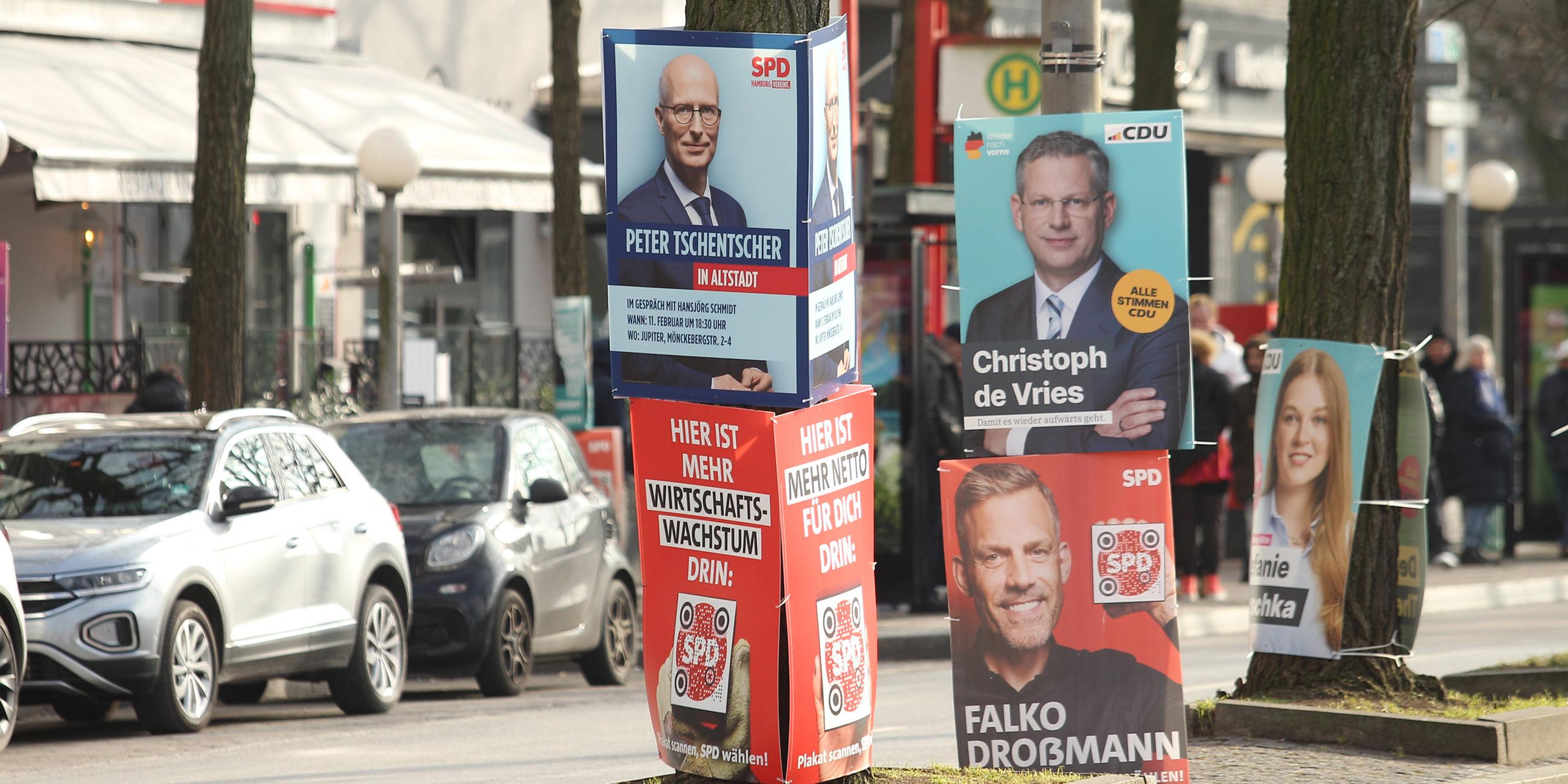 Wahlplakate von verschiedenen Parteien wurden an Bäume auf einer Verkehrsinsel in der Kirchenallee befestigt