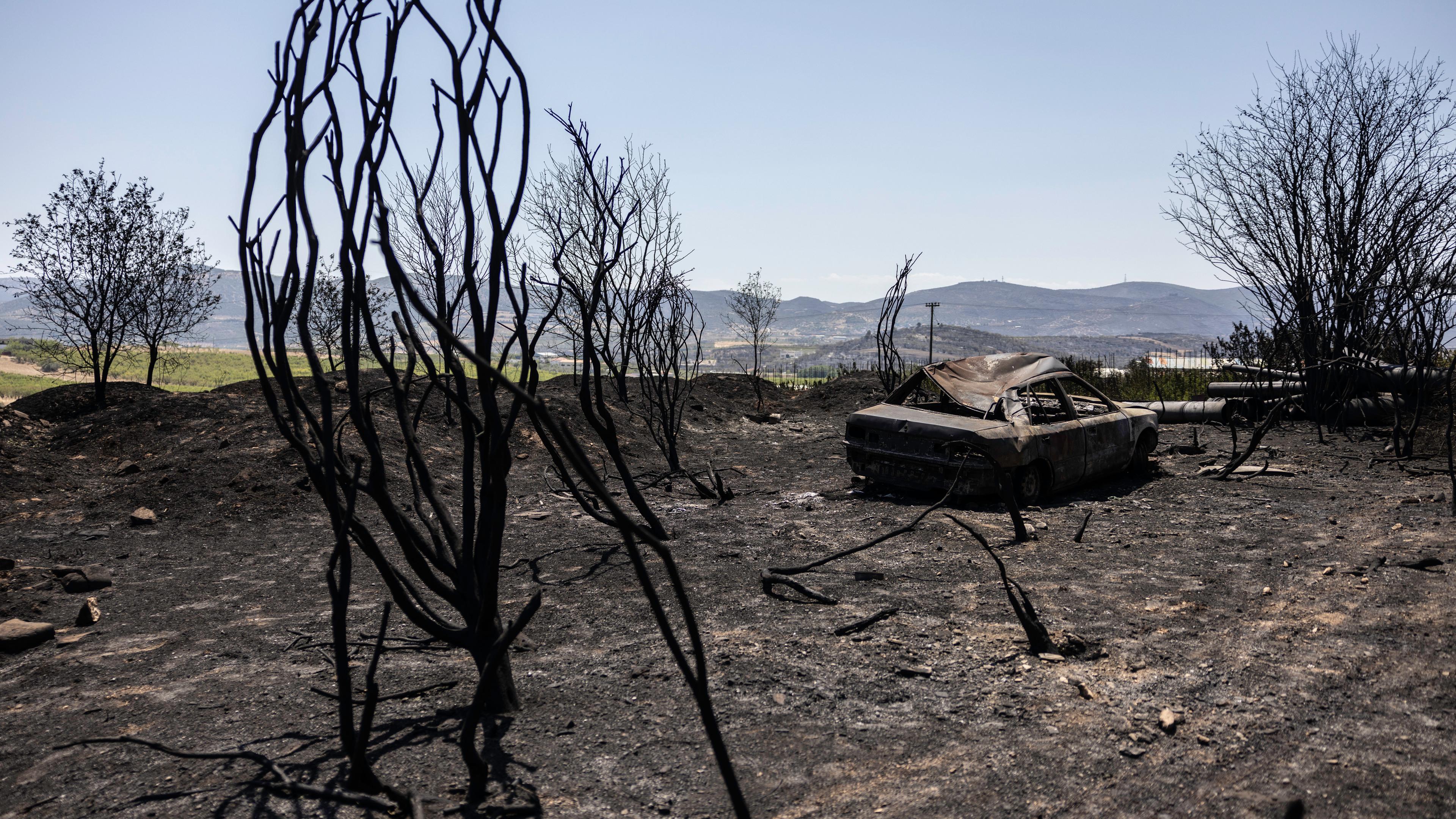 Griechenland, Nea Anchialos: Ein verbranntes Auto steht in der zentralgriechischen Stadt. 