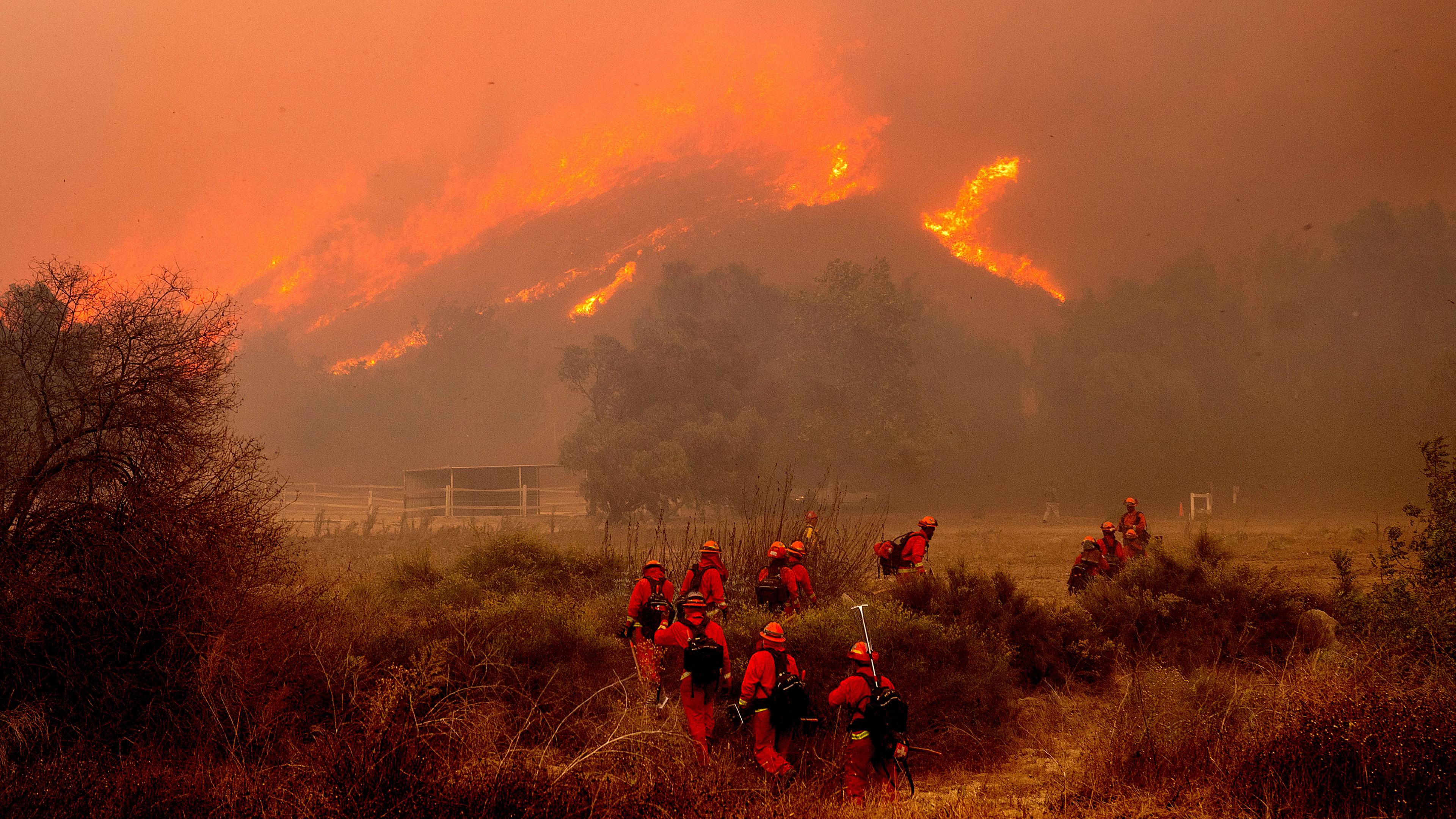 Feuerwehrleute kämpfen gegen das "Mountain Fire" bei Swanhill Farms.