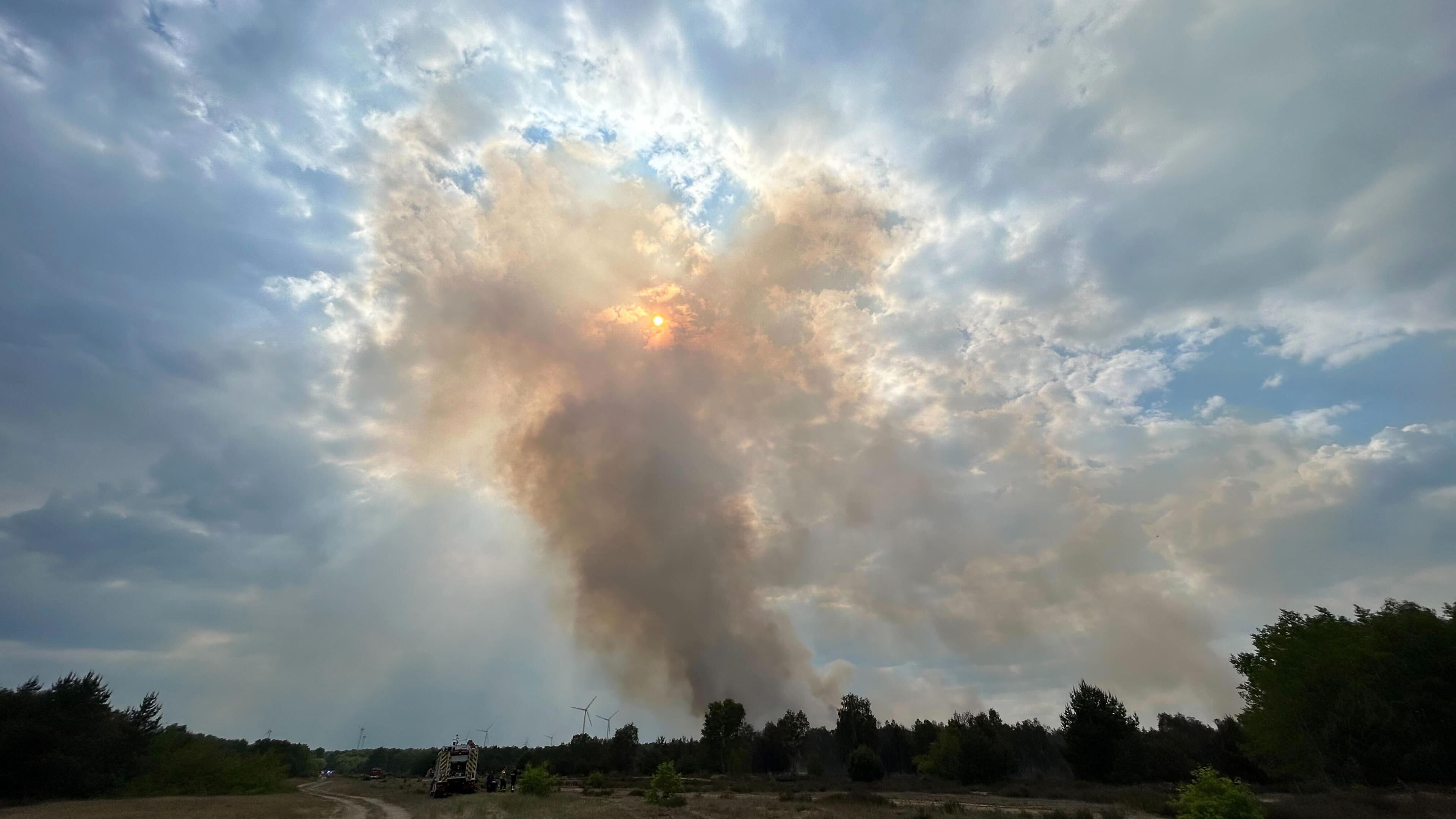 Rauch steigt aus einem Waldstück nahe Jüterbog in die Höhe und verdeckt die Sonne.